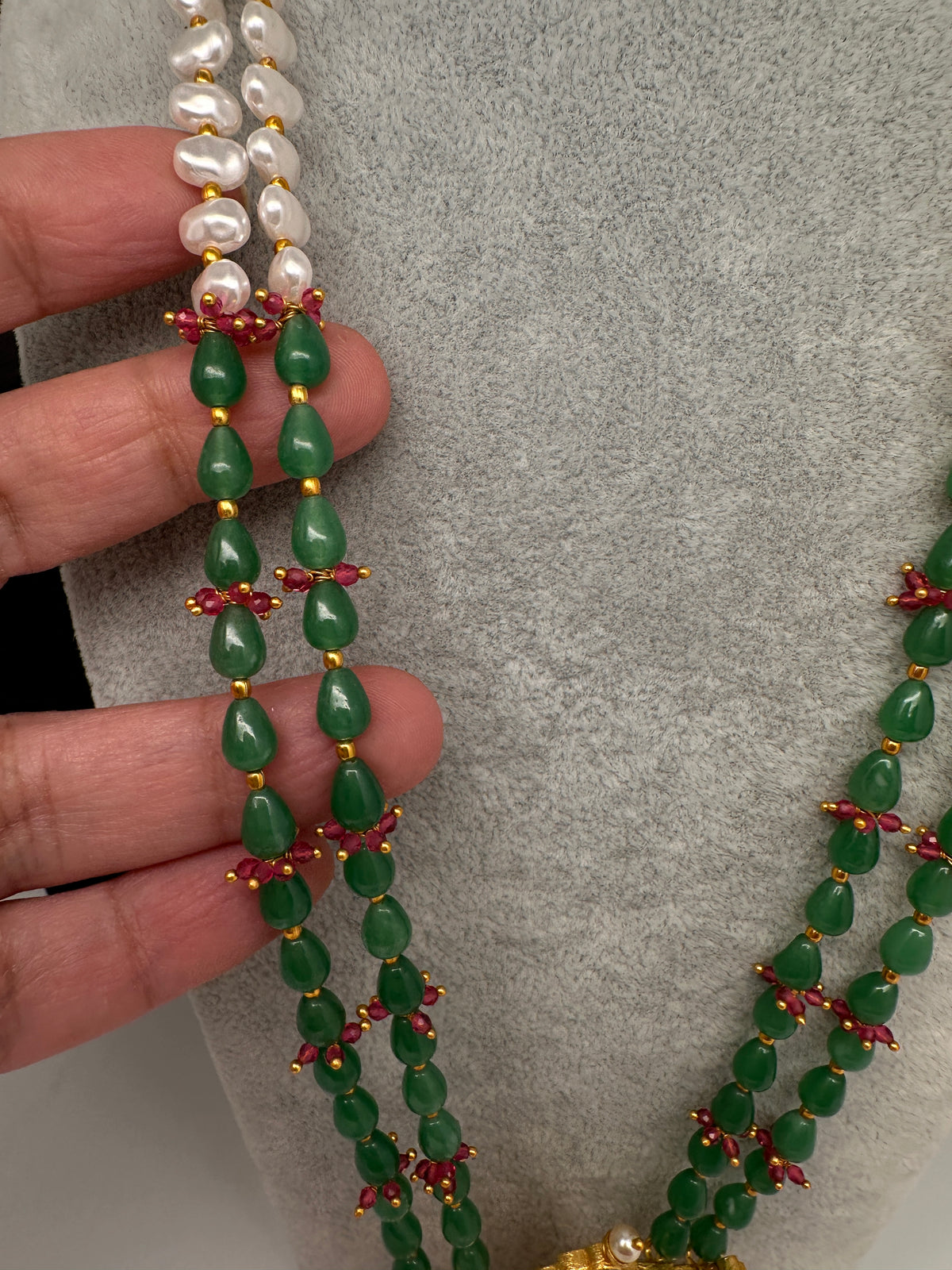 Jadau Kundan Floral Green Beads Long Necklace - 