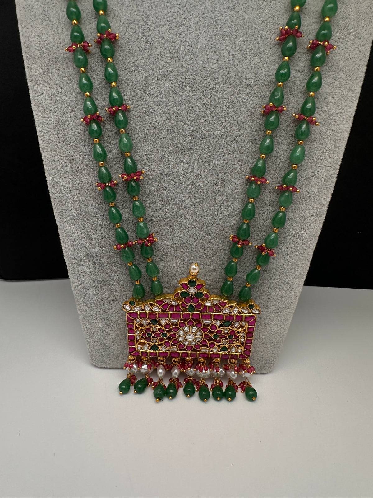 Jadau Kundan Floral Green Beads Long Necklace - 