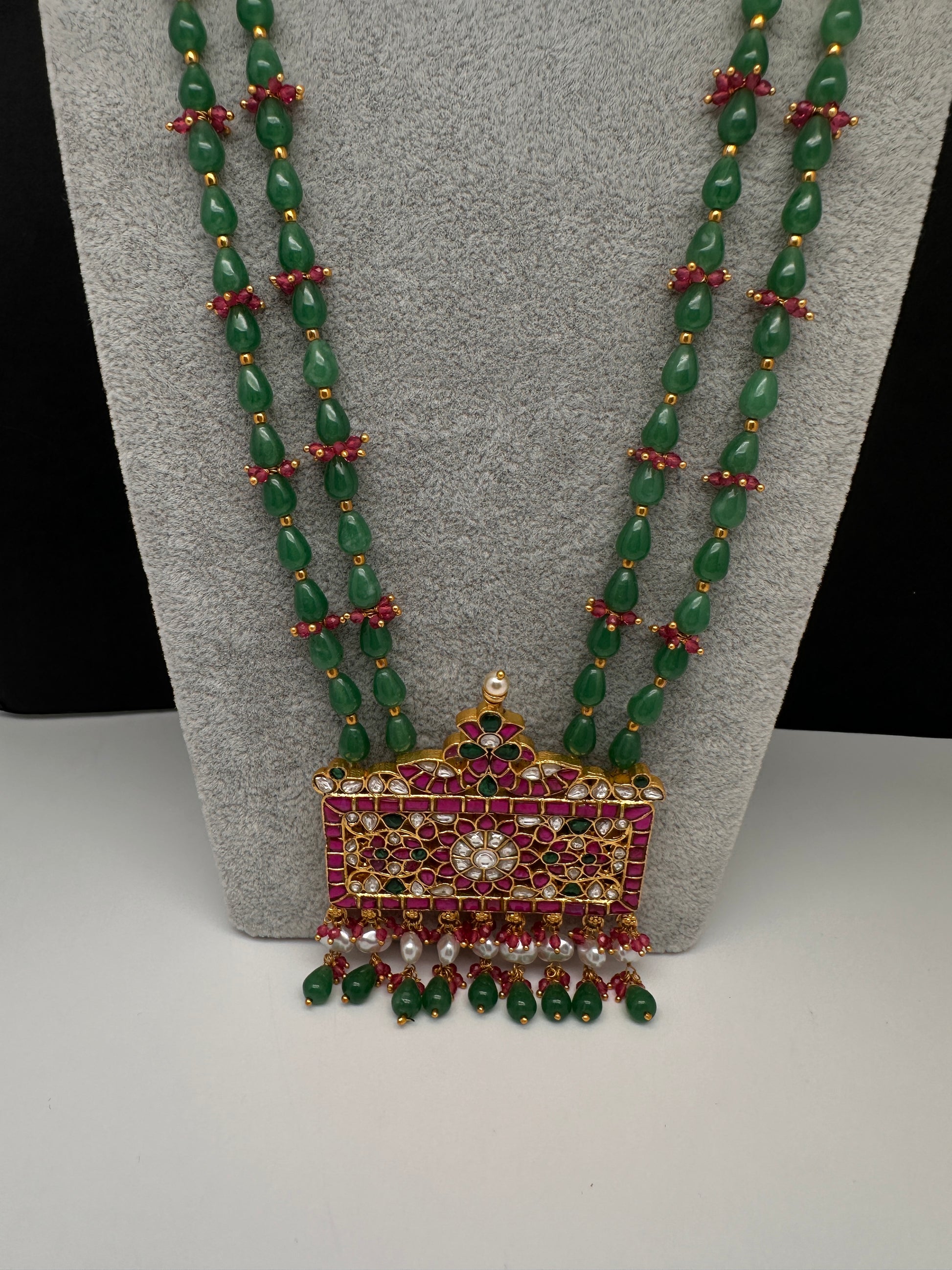 Jadau Kundan Floral Green Beads Long Necklace - 