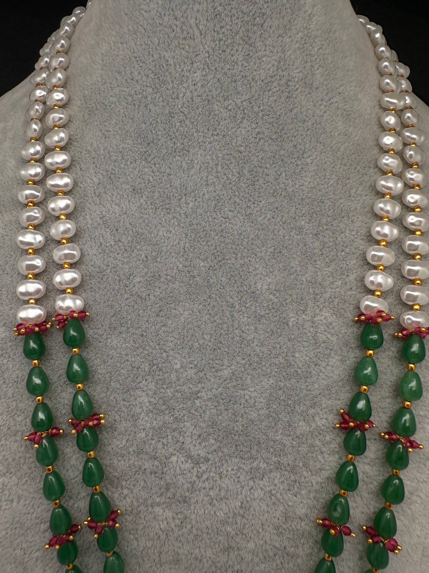 Jadau Kundan Floral Green Beads Long Necklace - 