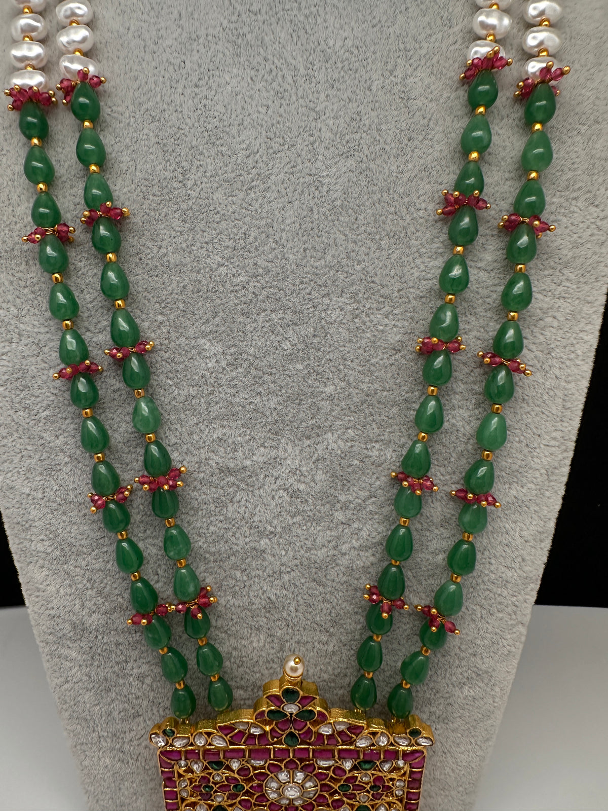 Jadau Kundan Floral Green Beads Long Necklace - 