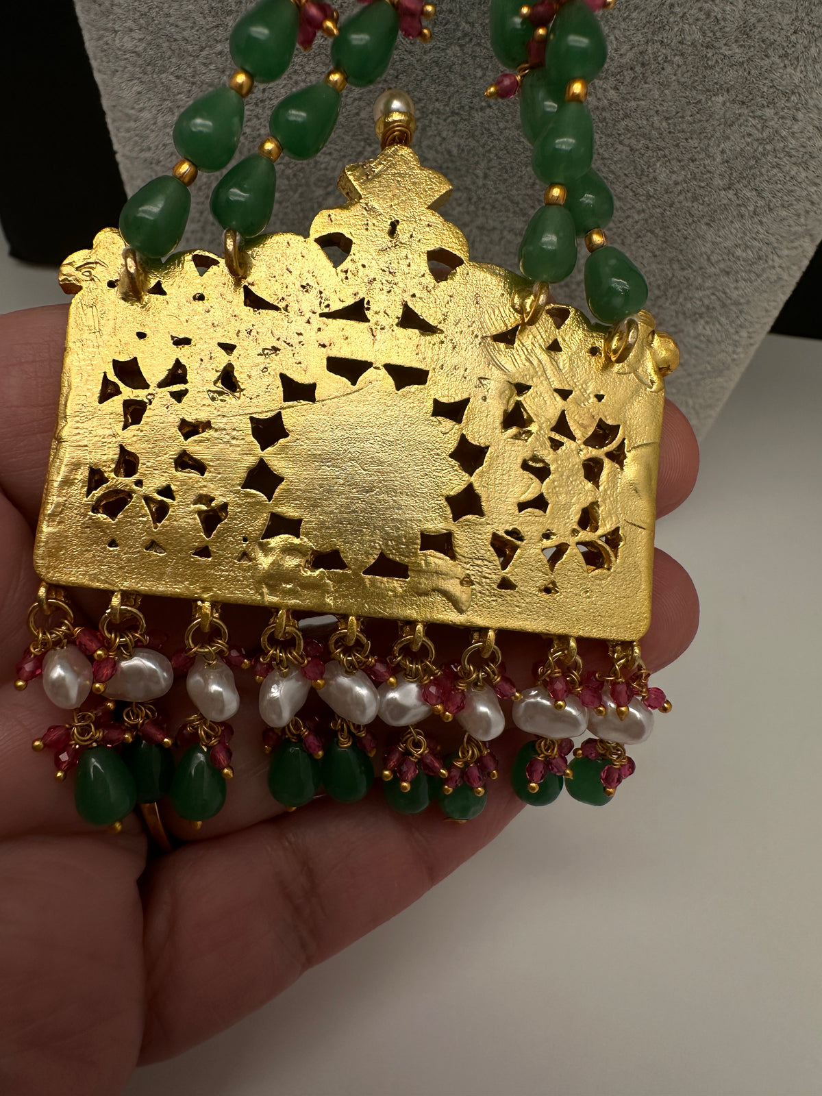 Jadau Kundan Floral Green Beads Long Necklace - 