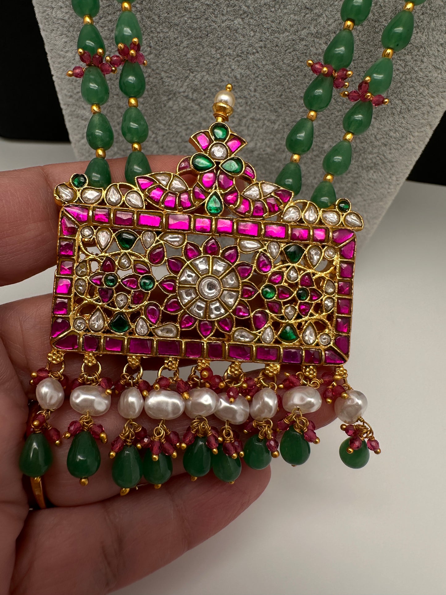 Jadau Kundan Floral Green Beads Long Necklace - 