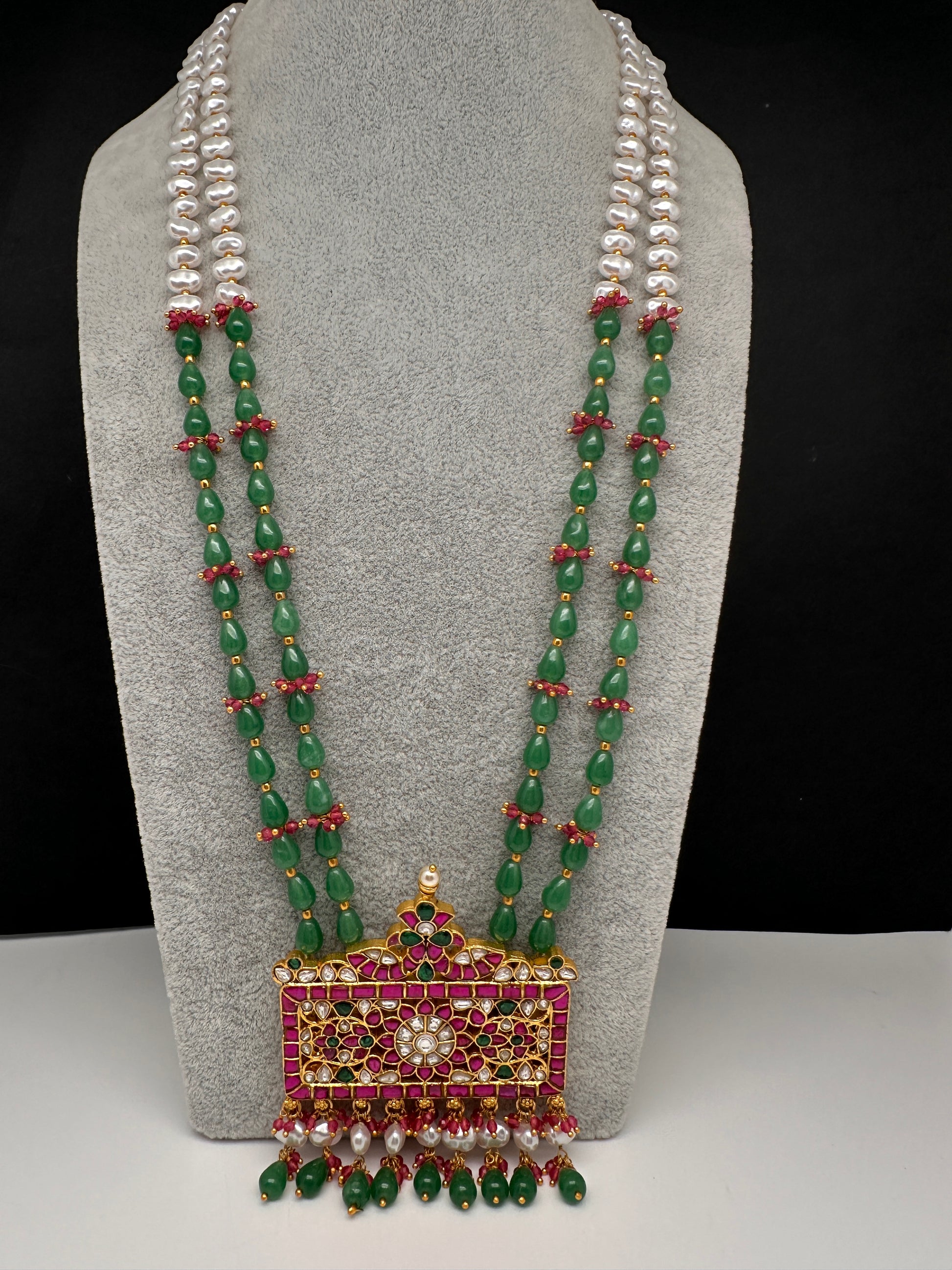 Jadau Kundan Floral Green Beads Long Necklace - 