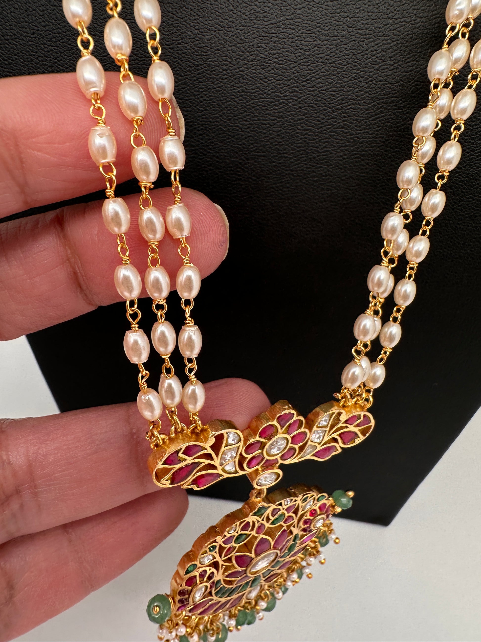 Jadau Kundan Rice Pearls Long Mala Necklace - 