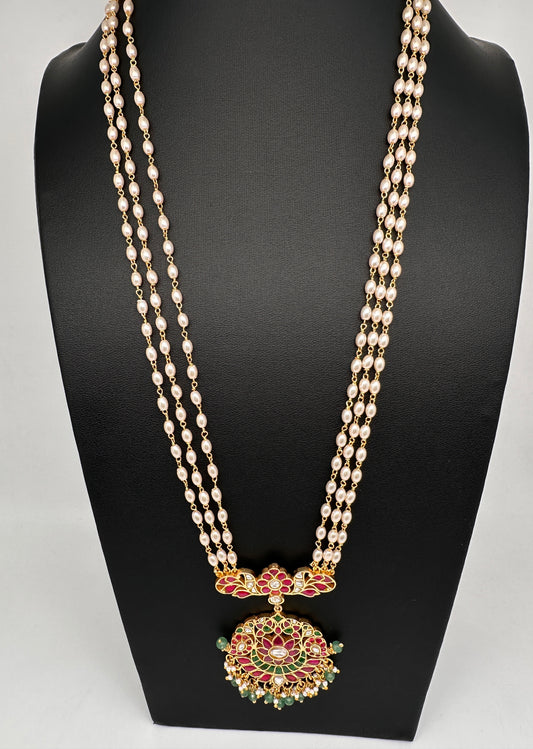 Jadau Kundan Rice Pearls Long Mala Necklace - 