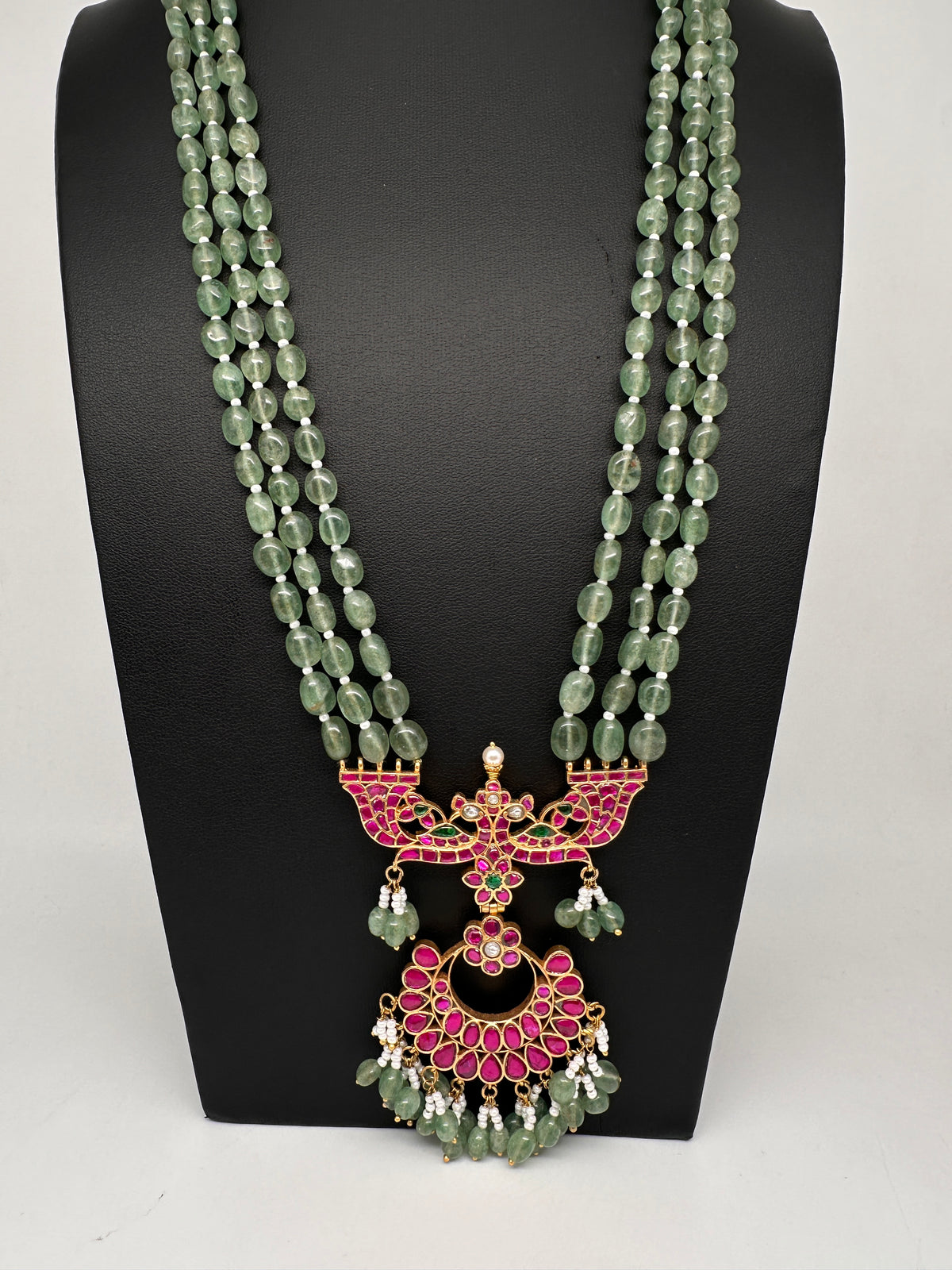 Jadau Kundan Emerald Beads Long Mala Necklace - 