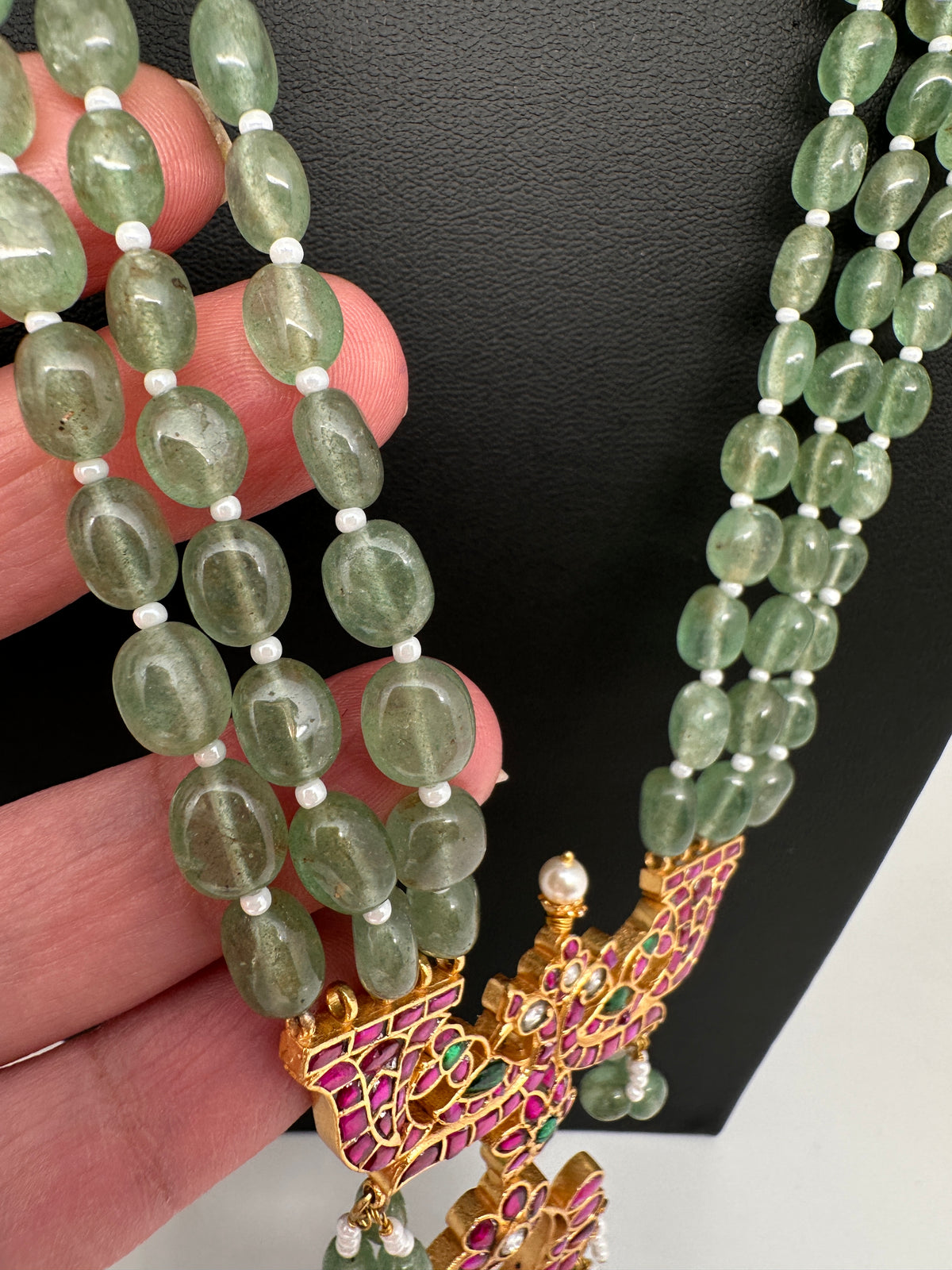 Jadau Kundan Emerald Beads Long Mala Necklace - 