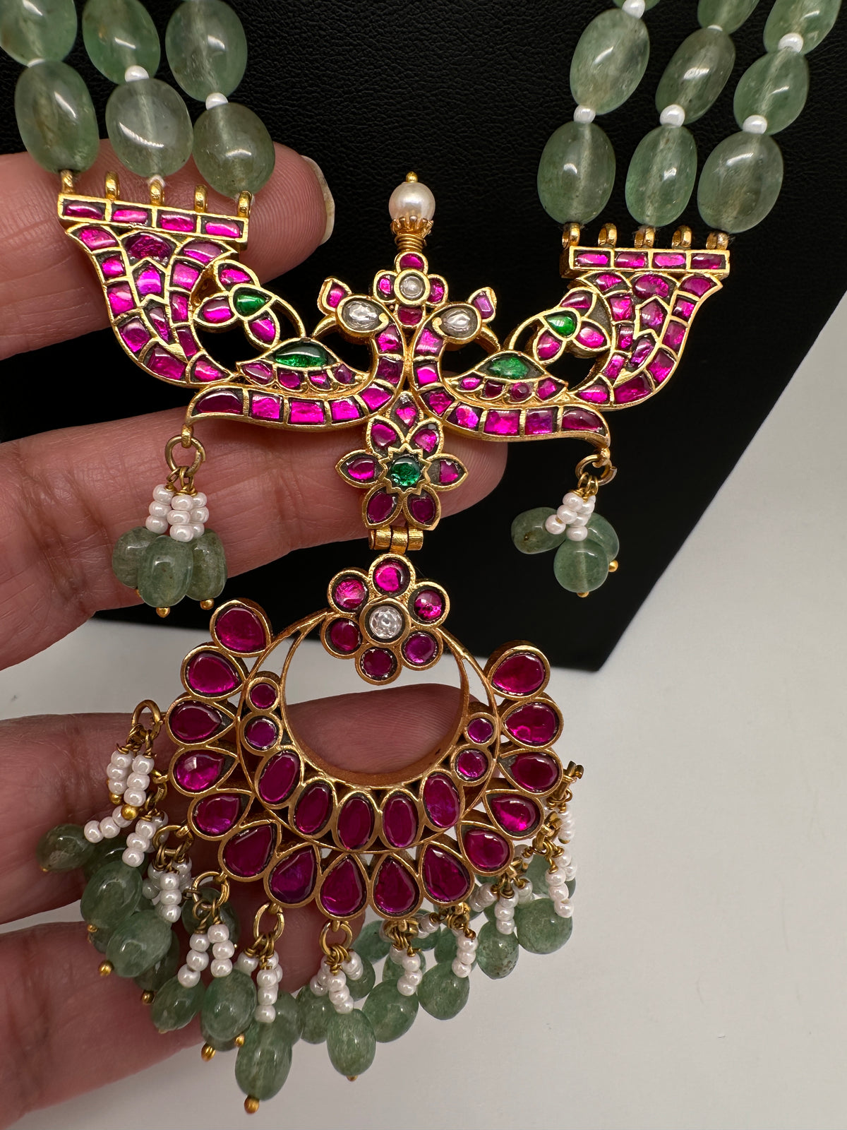 Jadau Kundan Emerald Beads Long Mala Necklace - 
