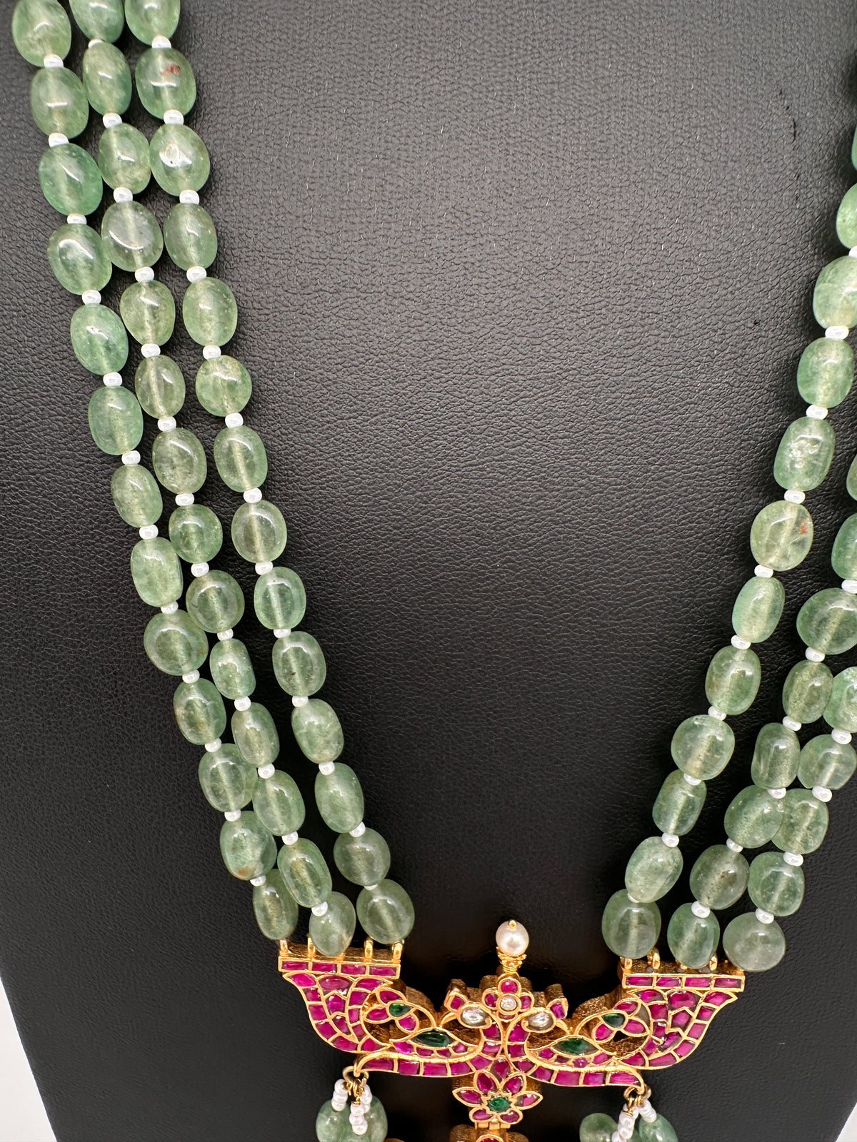 Jadau Kundan Emerald Beads Long Mala Necklace - 