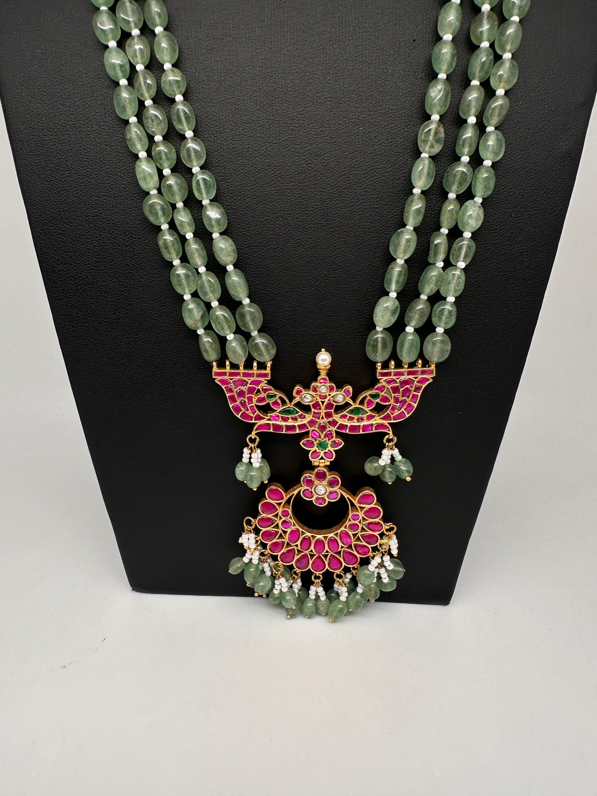 Jadau Kundan Emerald Beads Long Mala Necklace - 