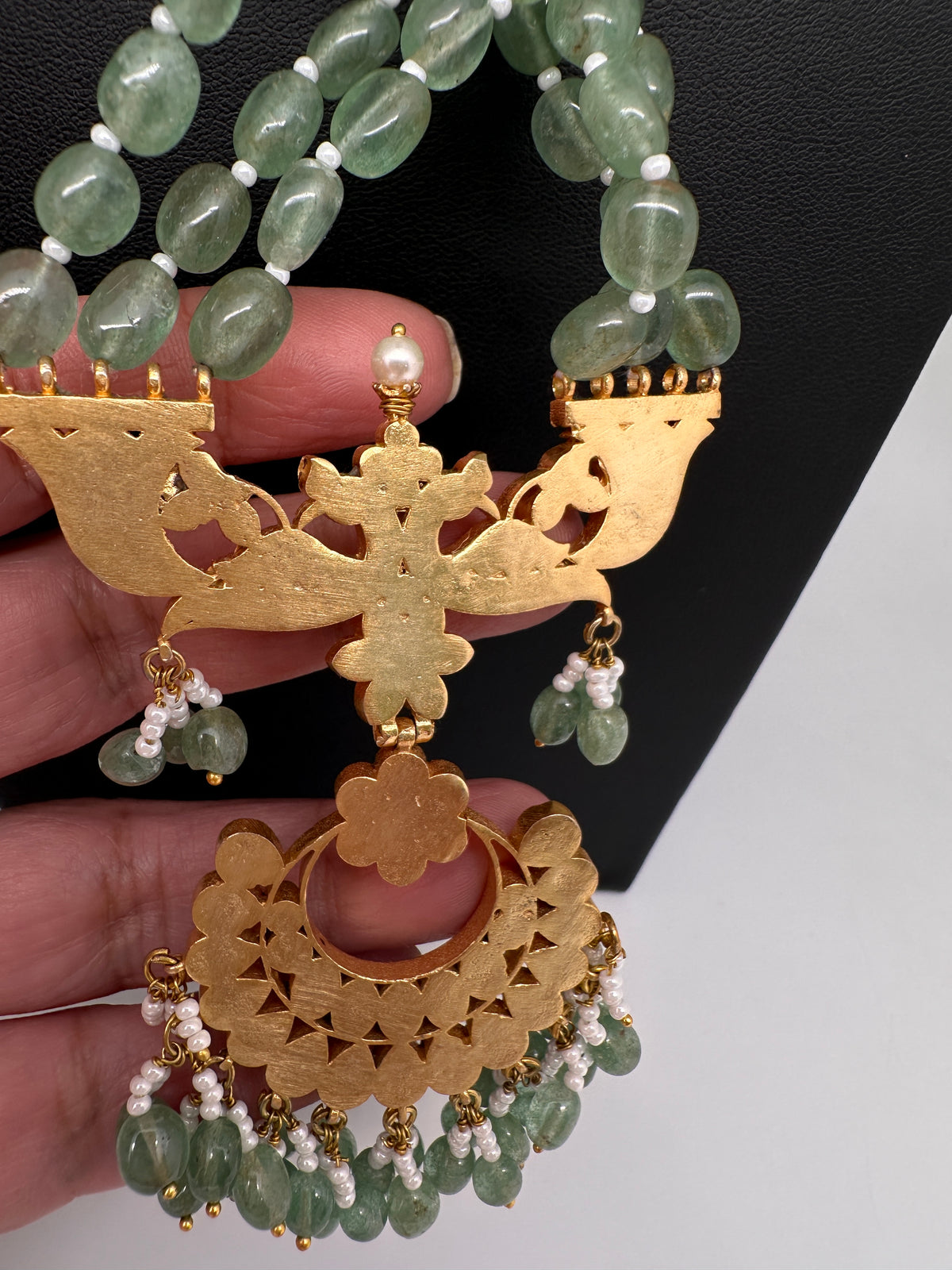 Jadau Kundan Emerald Beads Long Mala Necklace - 