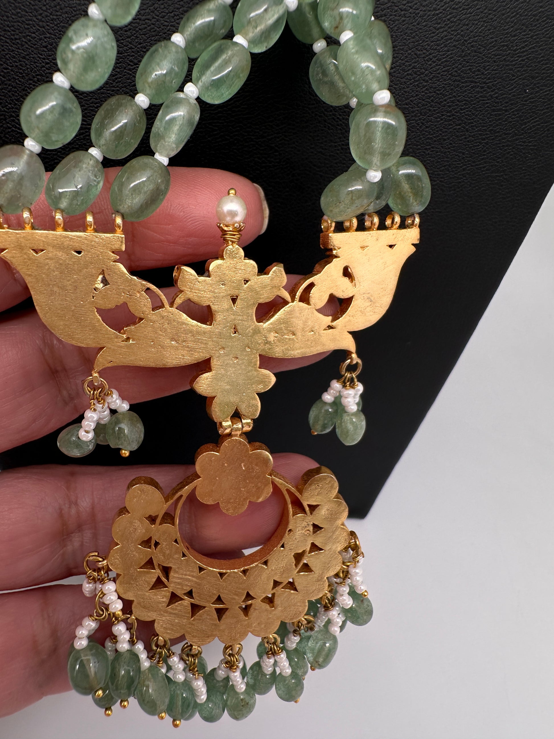 Jadau Kundan Emerald Beads Long Mala Necklace - 