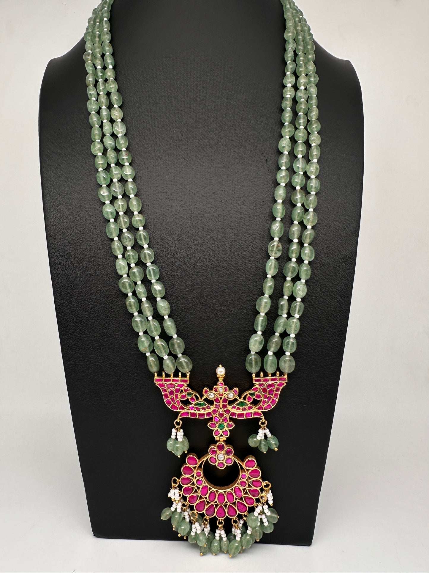 Jadau Kundan Emerald Beads Long Mala Necklace - 