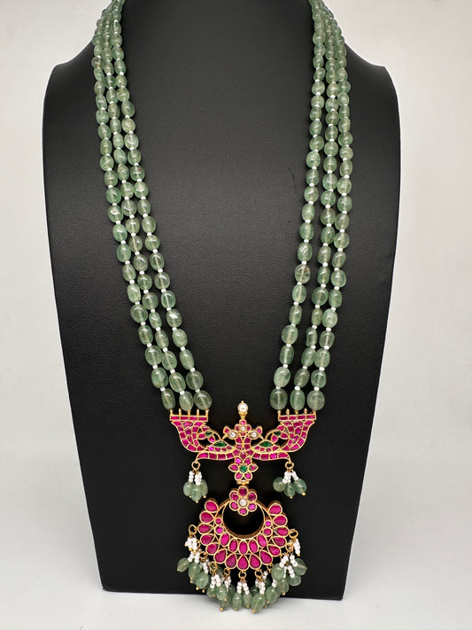 Jadau Kundan Emerald Beads Long Mala Necklace - 