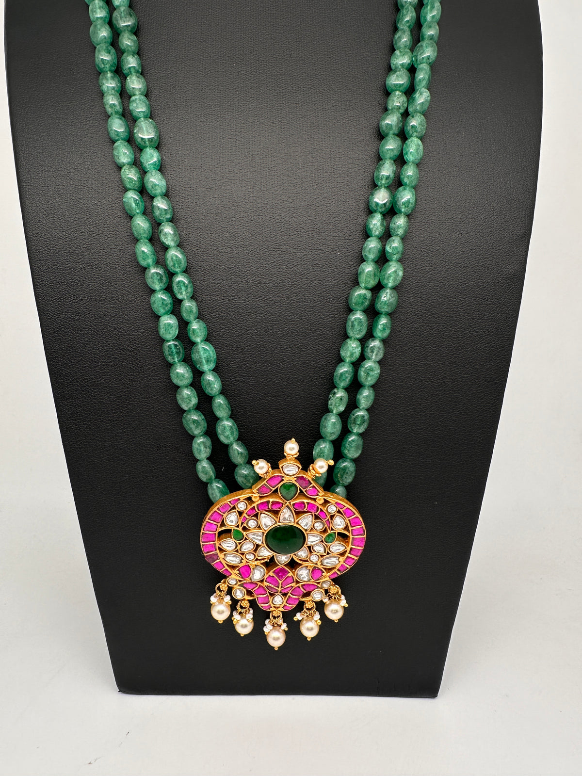Jadau Kundan Emerald Green Beads Long Mala Necklace - 