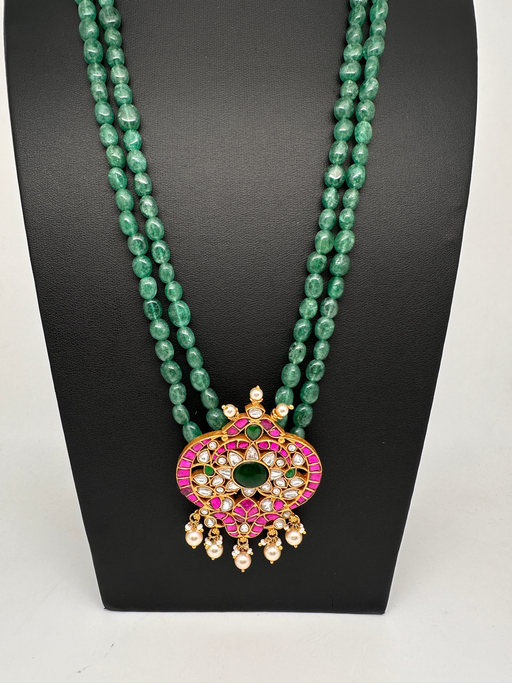 Jadau Kundan Emerald Green Beads Long Mala Necklace - 
