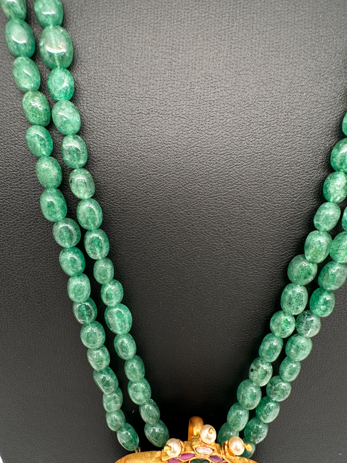 Jadau Kundan Emerald Green Beads Long Mala Necklace - 