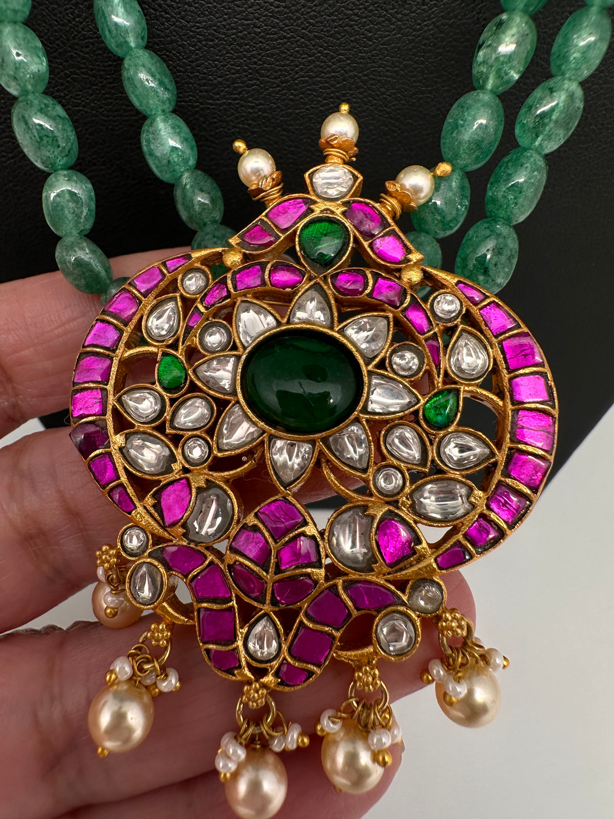 Jadau Kundan Emerald Green Beads Long Mala Necklace - 