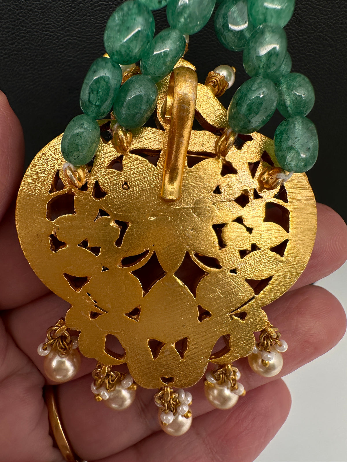 Jadau Kundan Emerald Green Beads Long Mala Necklace - 