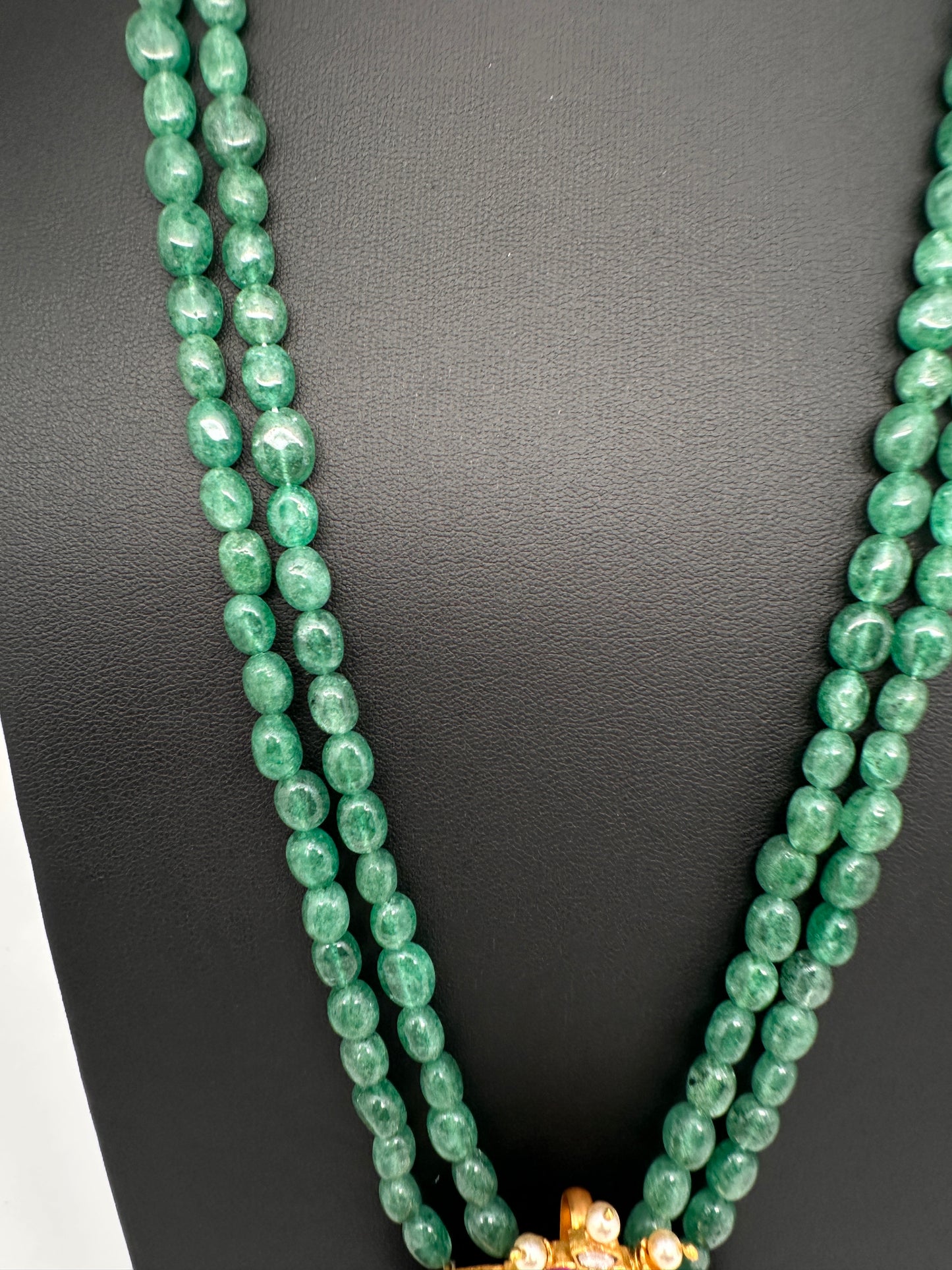 Jadau Kundan Emerald Green Beads Long Mala Necklace - 