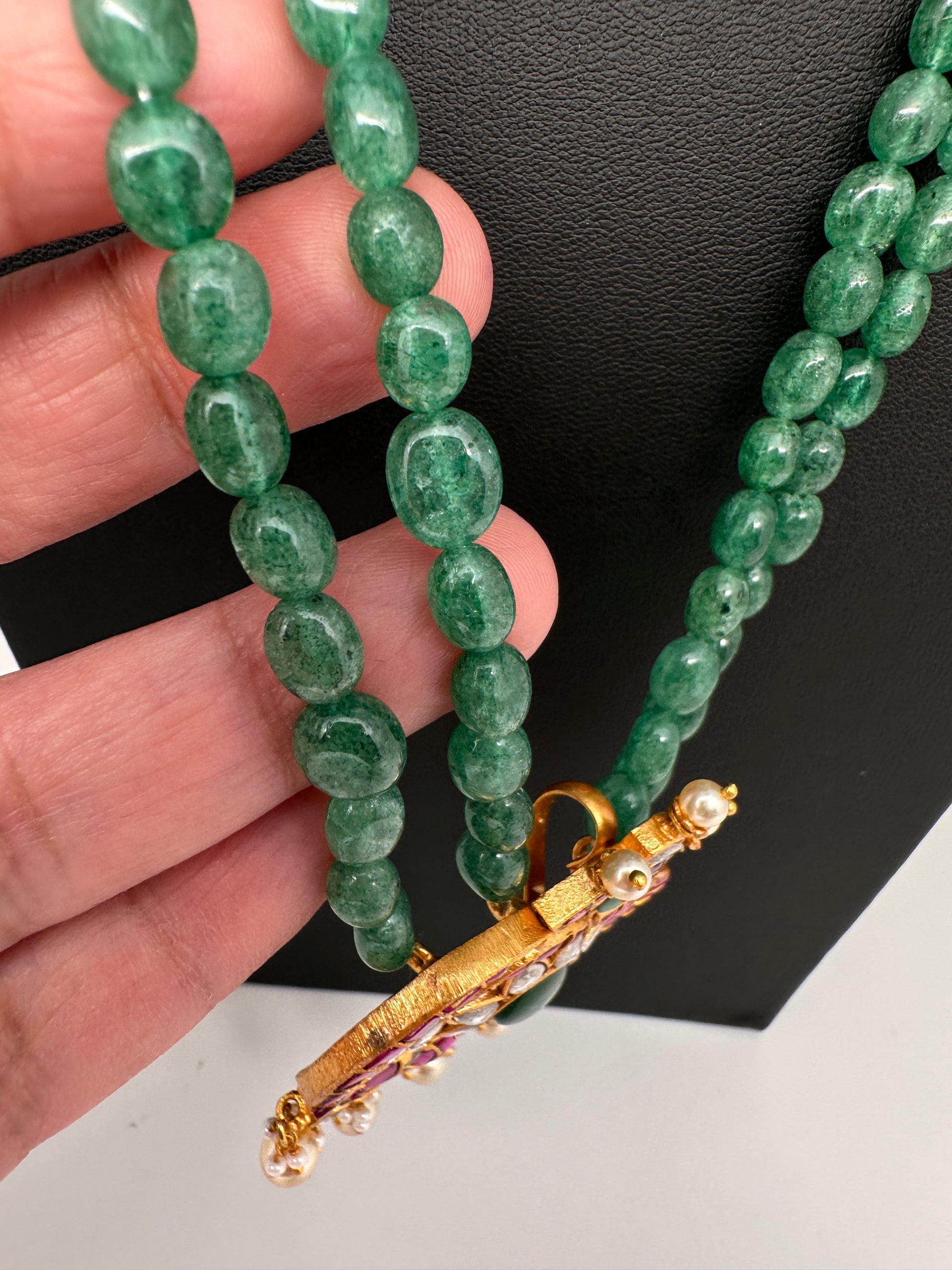 Jadau Kundan Emerald Green Beads Long Mala Necklace - 