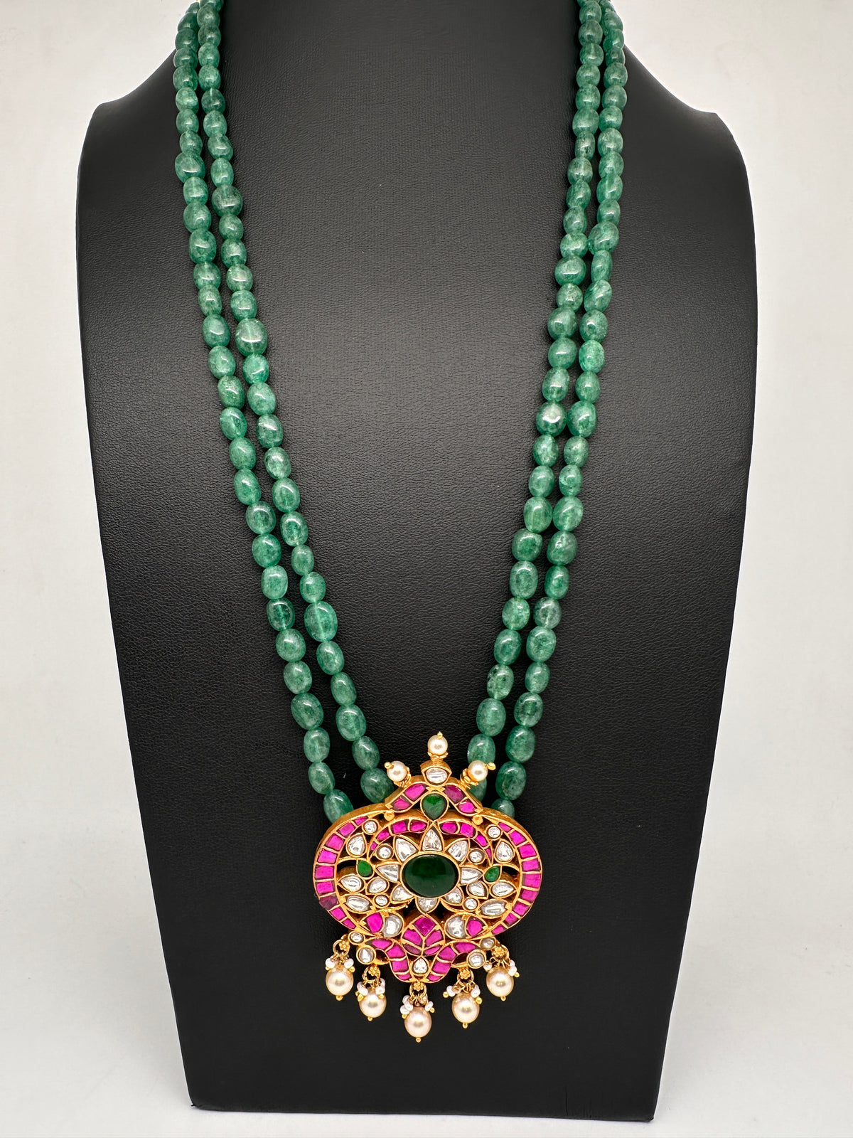 Jadau Kundan Emerald Green Beads Long Mala Necklace - 