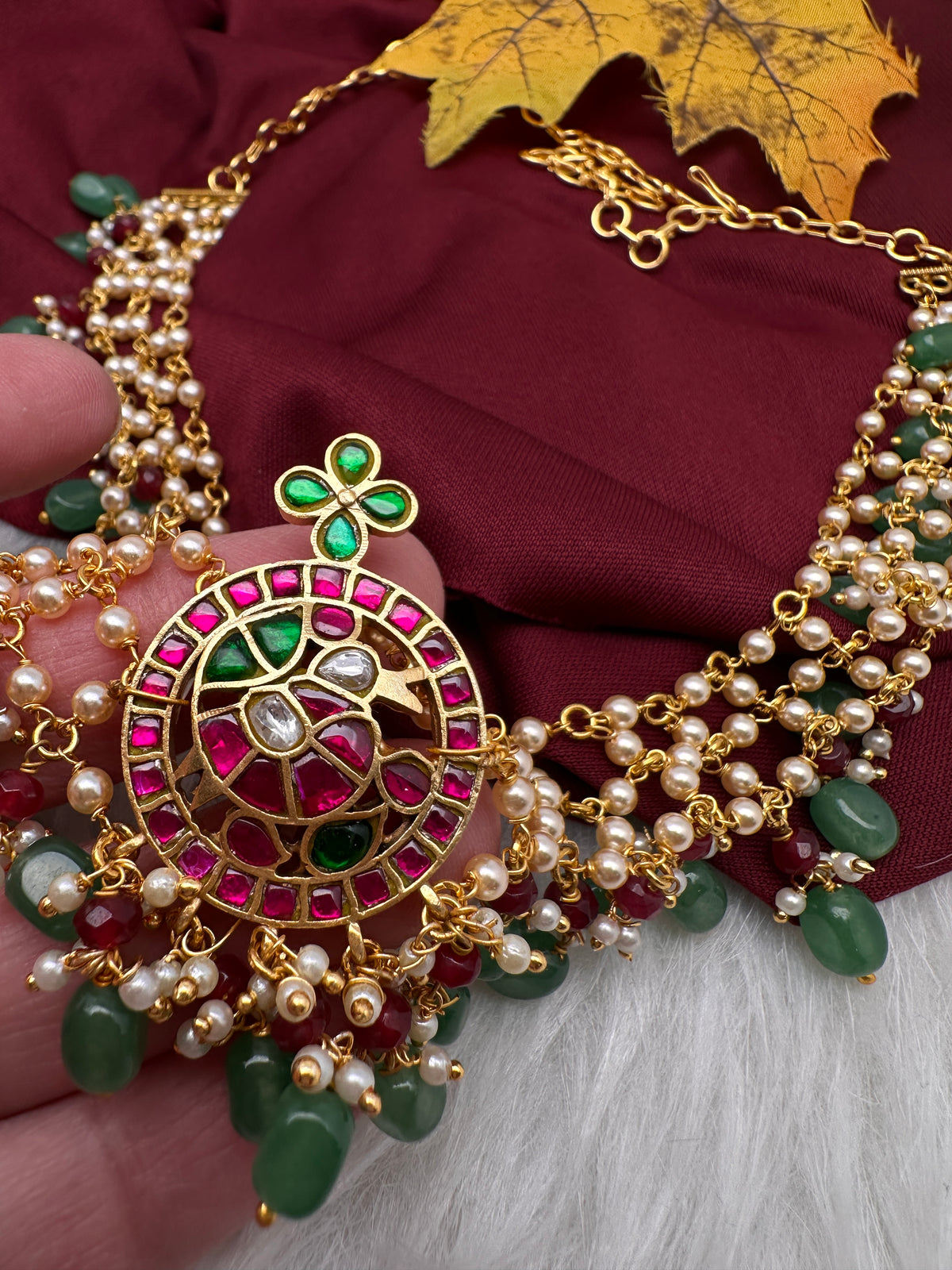 Jadau Kundan Pearl Short Necklace with Emerald Beads - JA000339