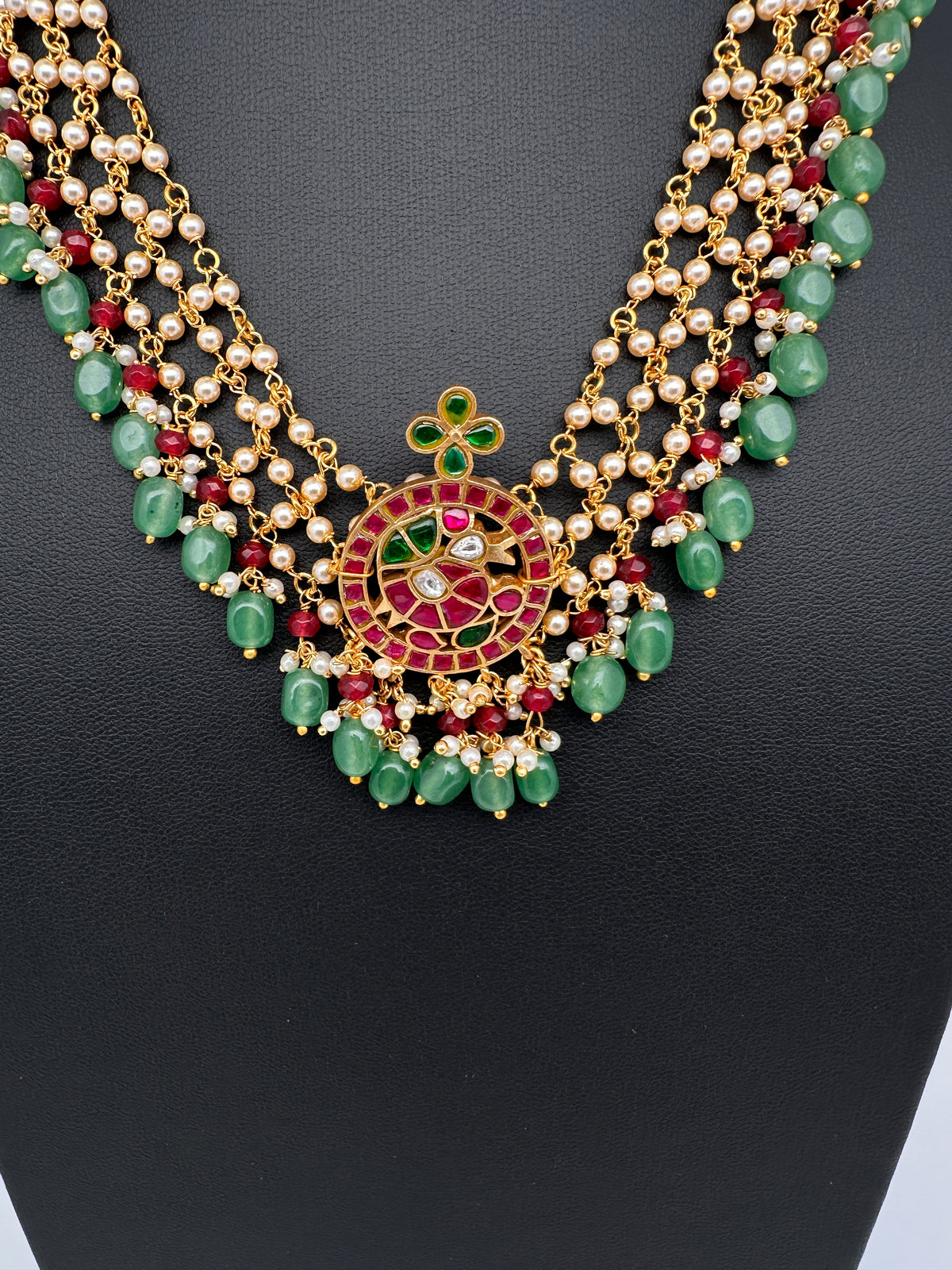 Jadau Kundan Pearl Short Necklace with Emerald Beads - JA000339