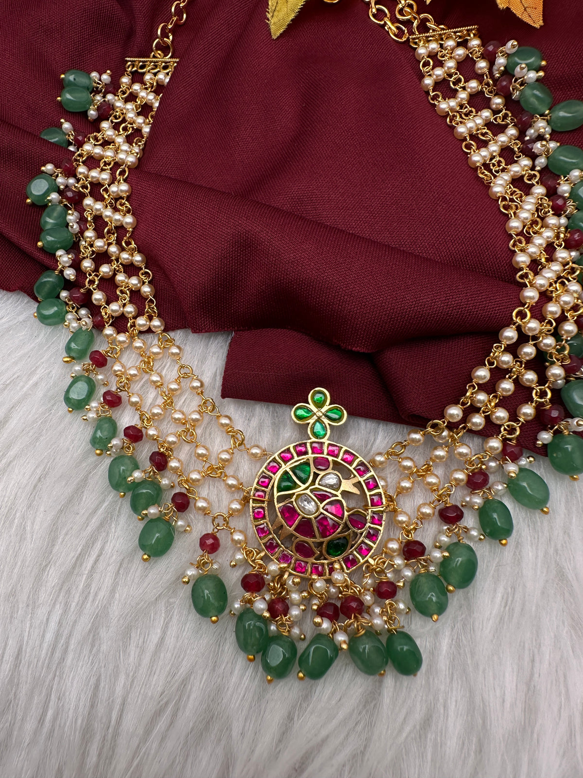 Jadau Kundan Pearl Short Necklace with Emerald Beads - JA000339