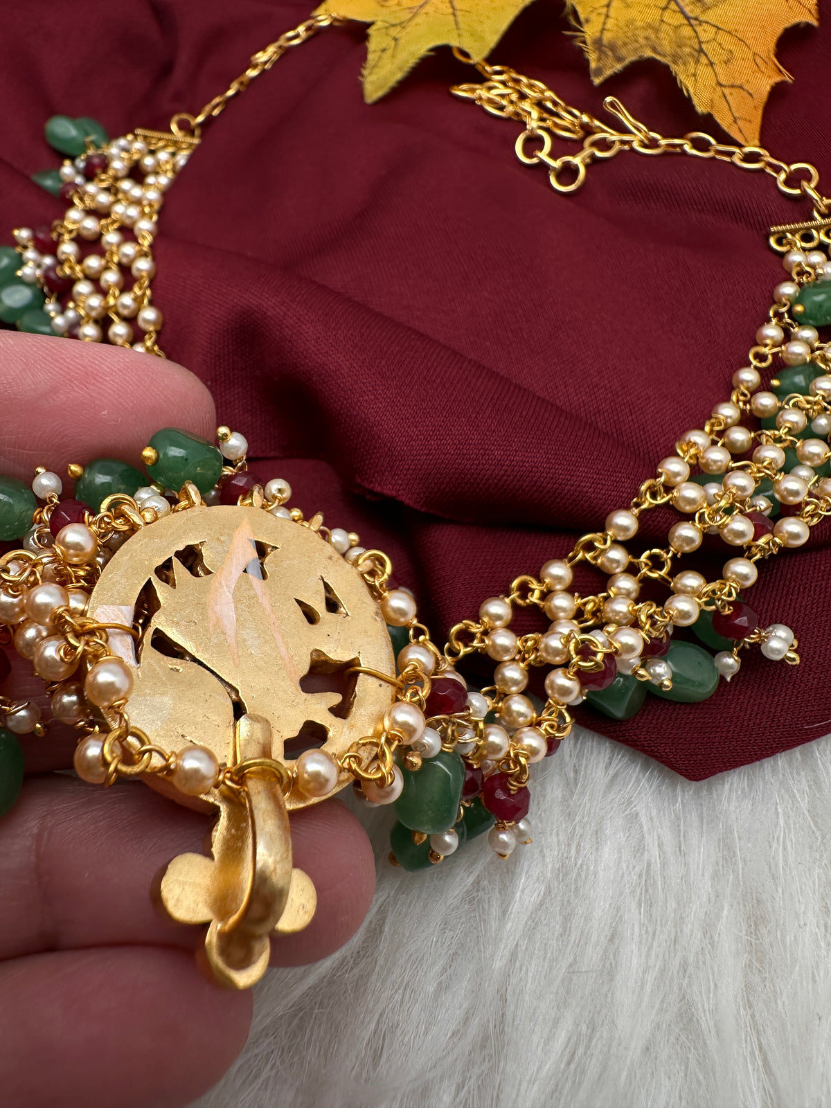 Jadau Kundan Pearl Short Necklace with Emerald Beads - JA000339