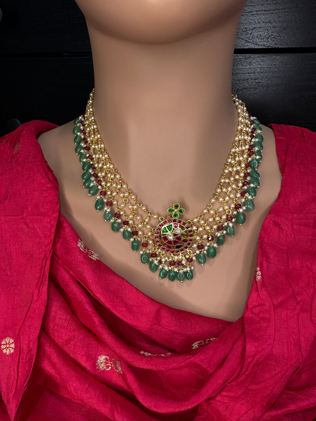 Jadau Kundan Pearl Short Necklace with Emerald Beads - JA000339