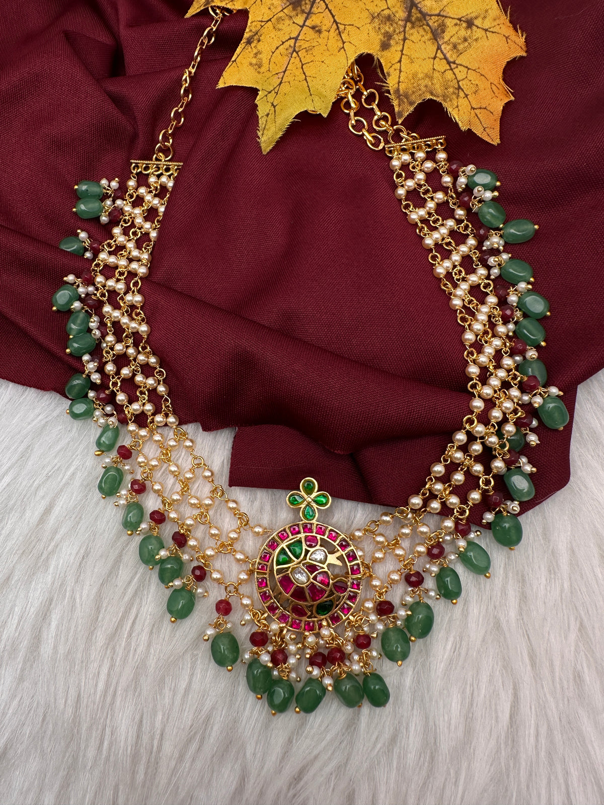 Jadau Kundan Pearl Short Necklace with Emerald Beads - JA000339