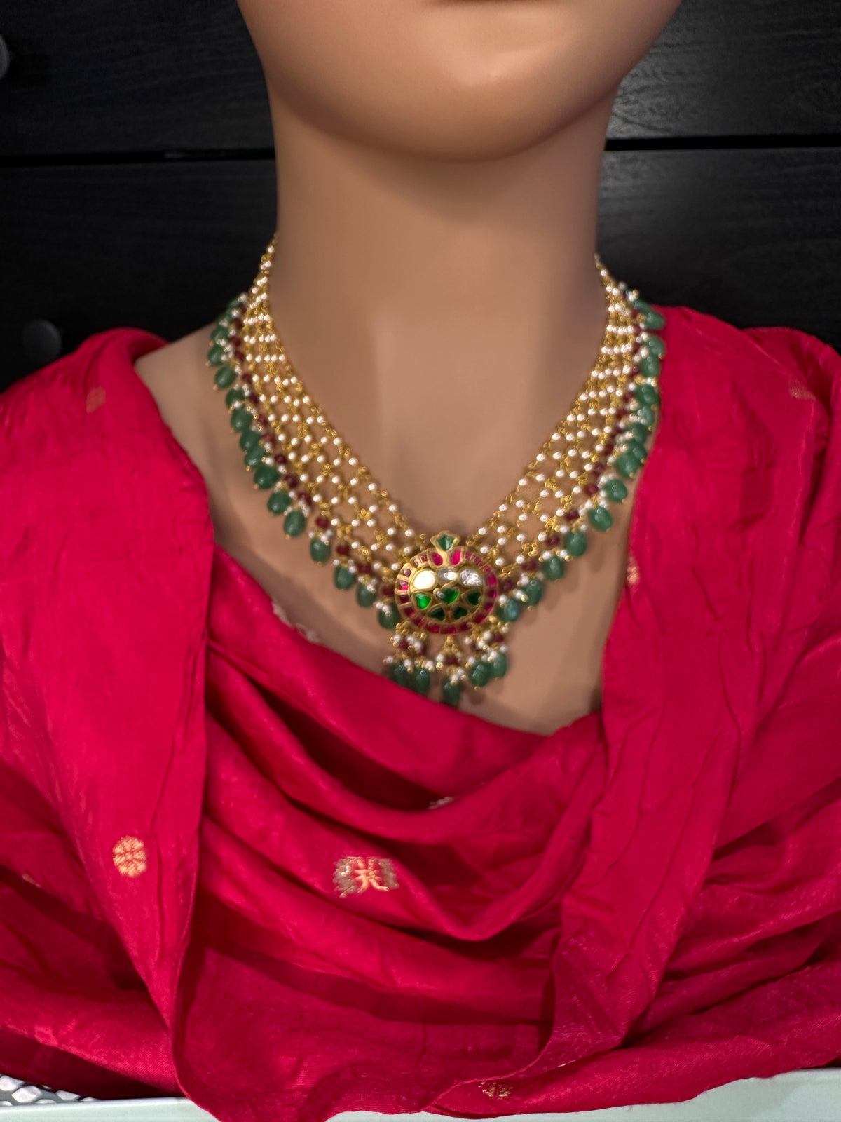 Jadau Kundan Pearl Short Necklace with Emerald Beads - JA000340