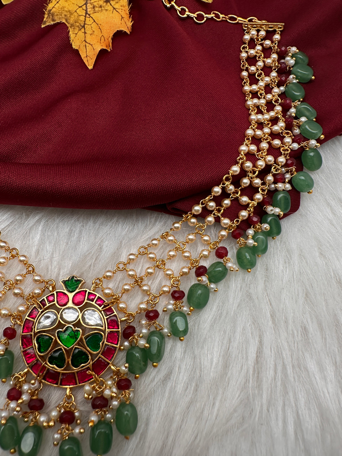 Jadau Kundan Pearl Short Necklace with Emerald Beads - JA000340