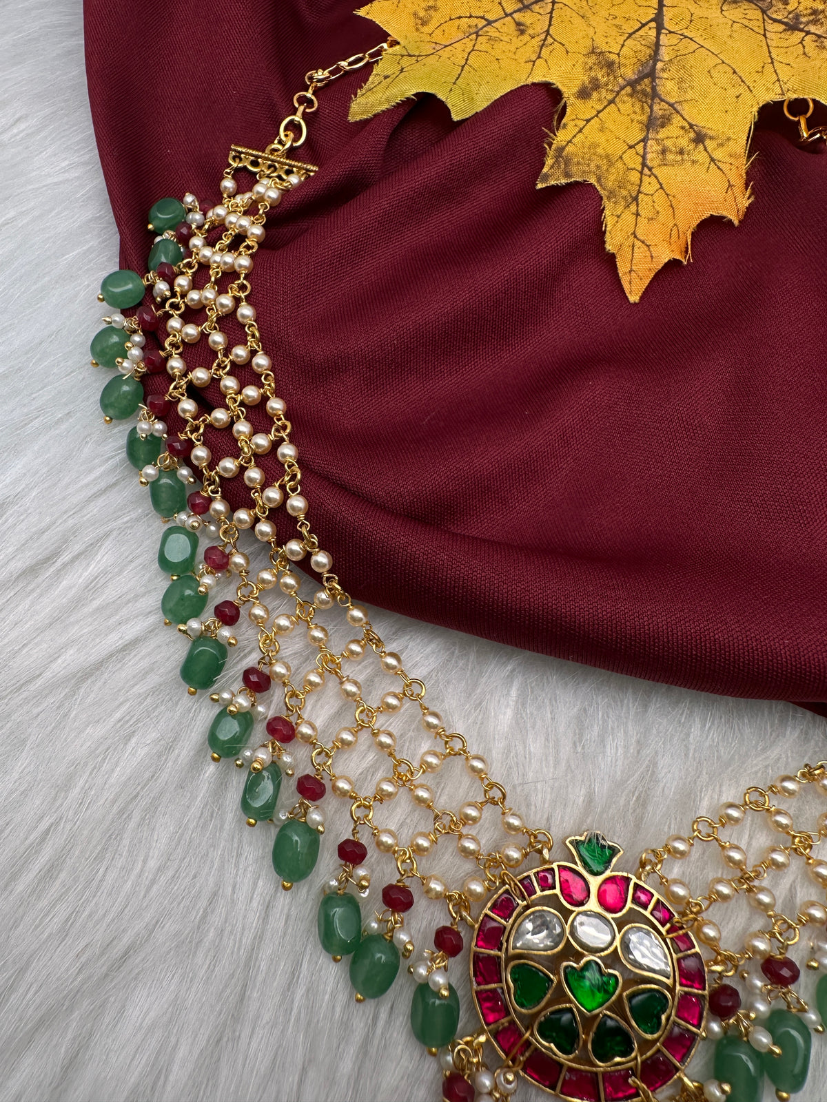 Jadau Kundan Pearl Short Necklace with Emerald Beads - JA000340