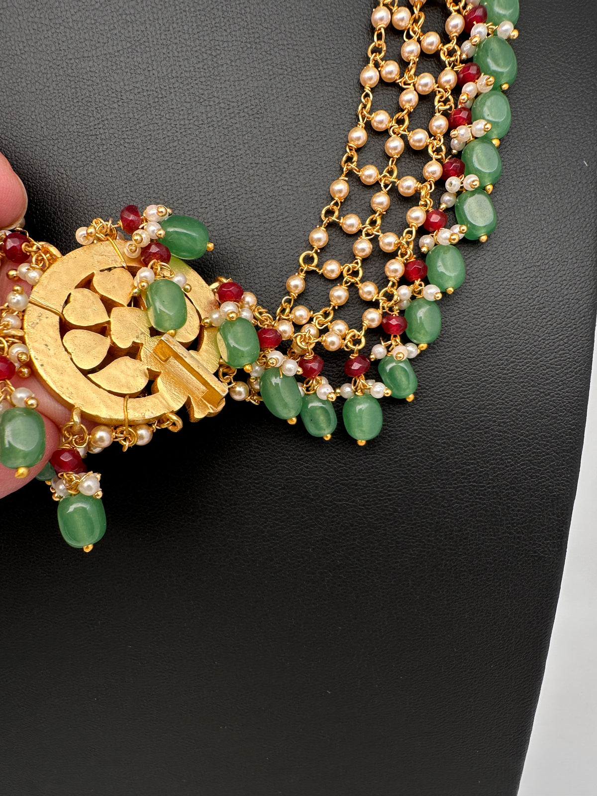 Jadau Kundan Pearl Short Necklace with Emerald Beads - JA000340