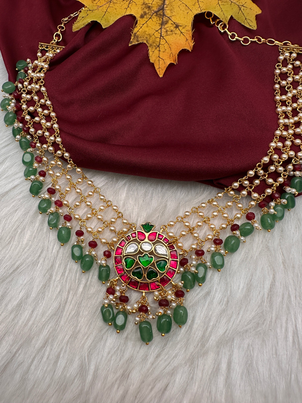 Jadau Kundan Pearl Short Necklace with Emerald Beads - JA000340