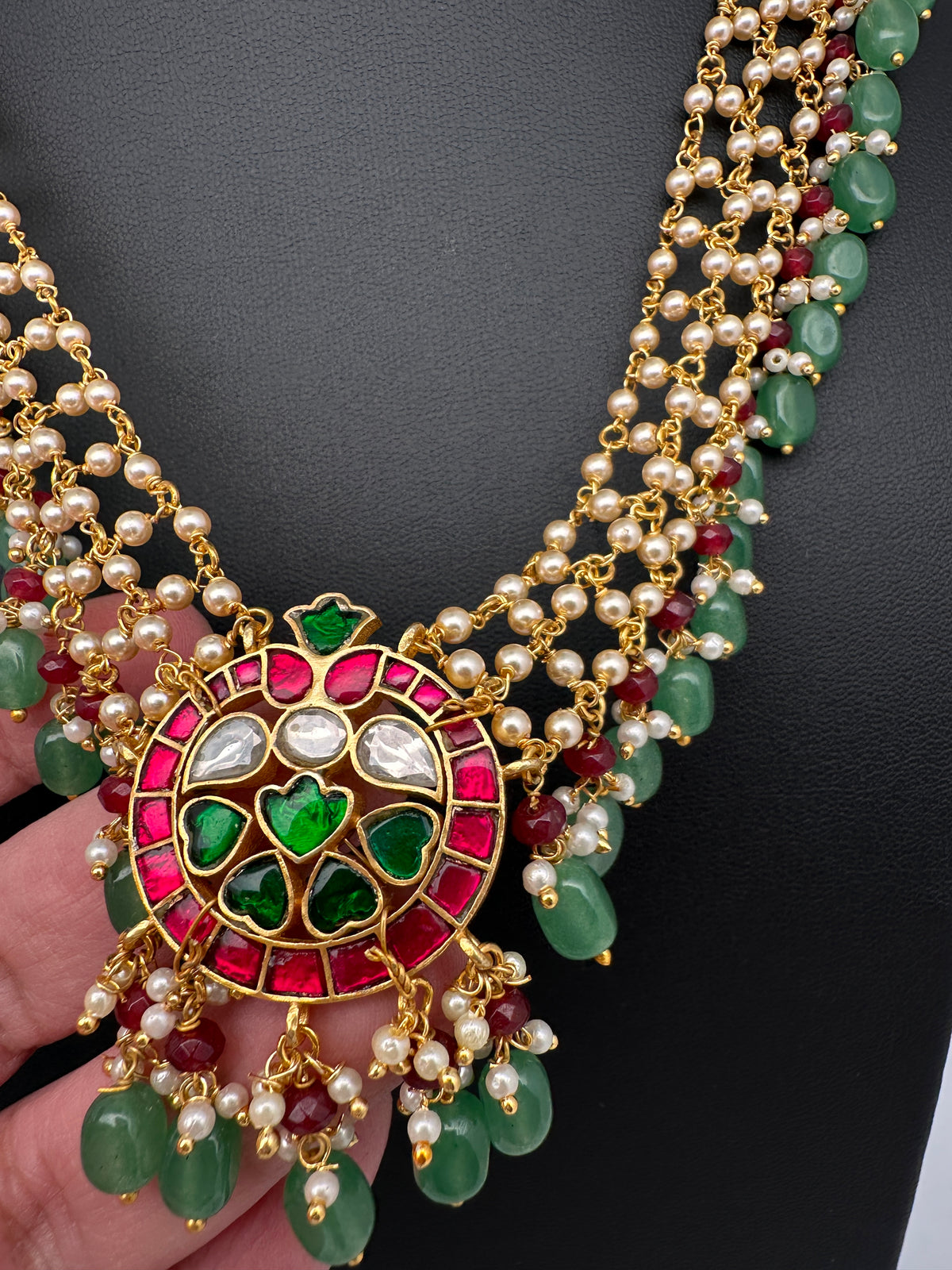 Jadau Kundan Pearl Short Necklace with Emerald Beads - JA000340