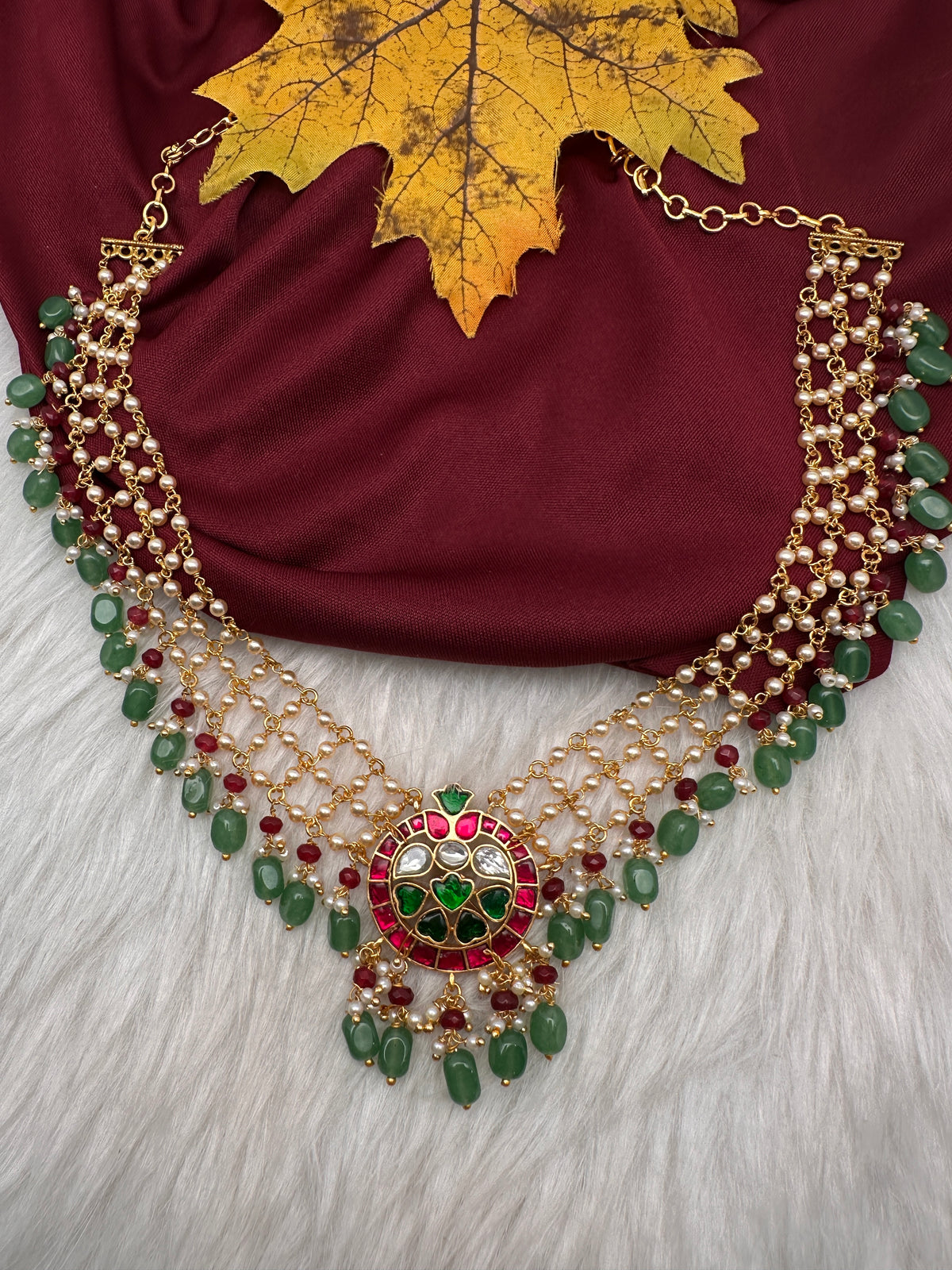 Jadau Kundan Pearl Short Necklace with Emerald Beads - JA000340