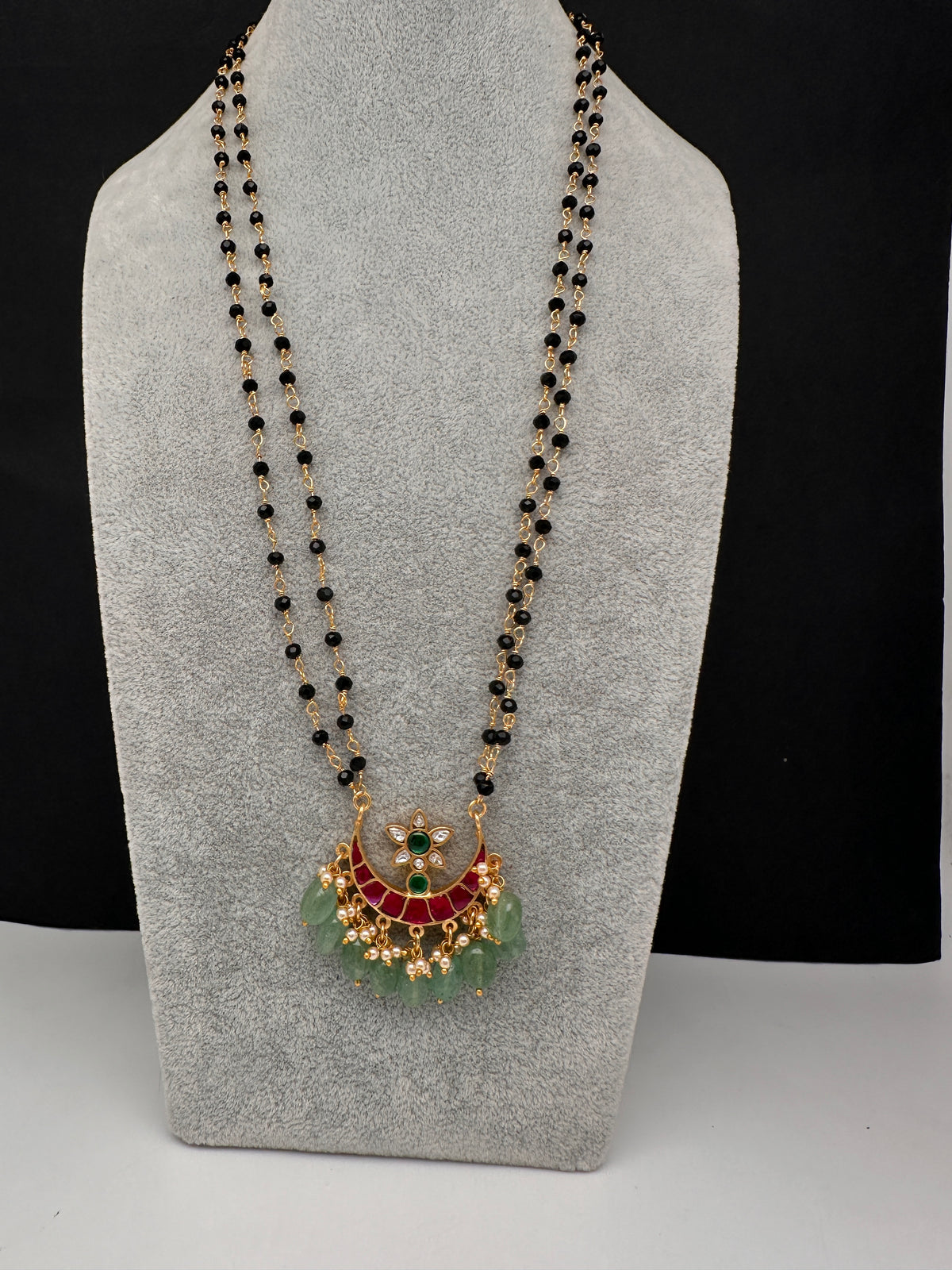 Jadau Kundan Black Beads Long Necklace - JA000341