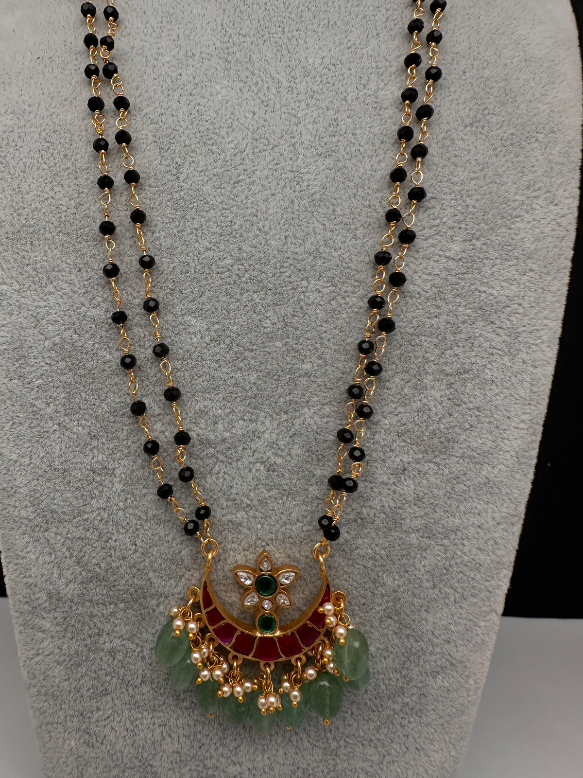 Jadau Kundan Black Beads Long Necklace - JA000341