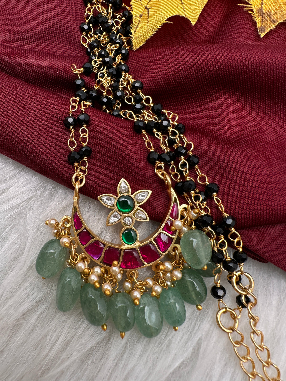 Jadau Kundan Black Beads Long Necklace - JA000341
