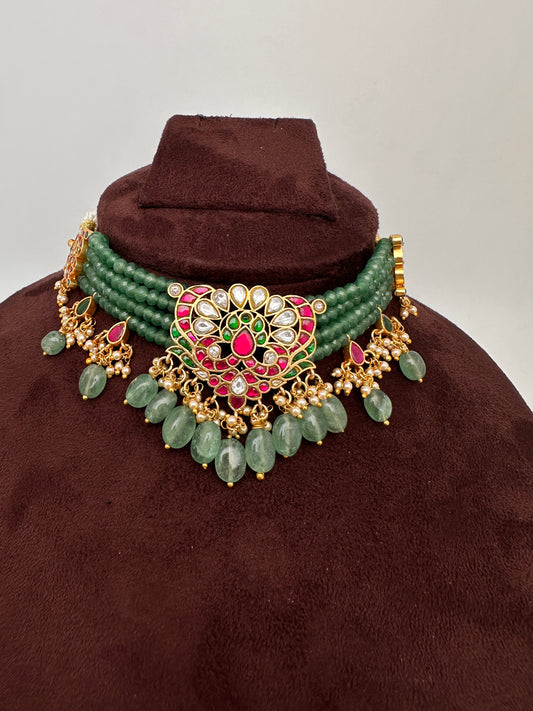 Jadau Kundan Emerald Beads Sleek Choker Necklace | JA000342