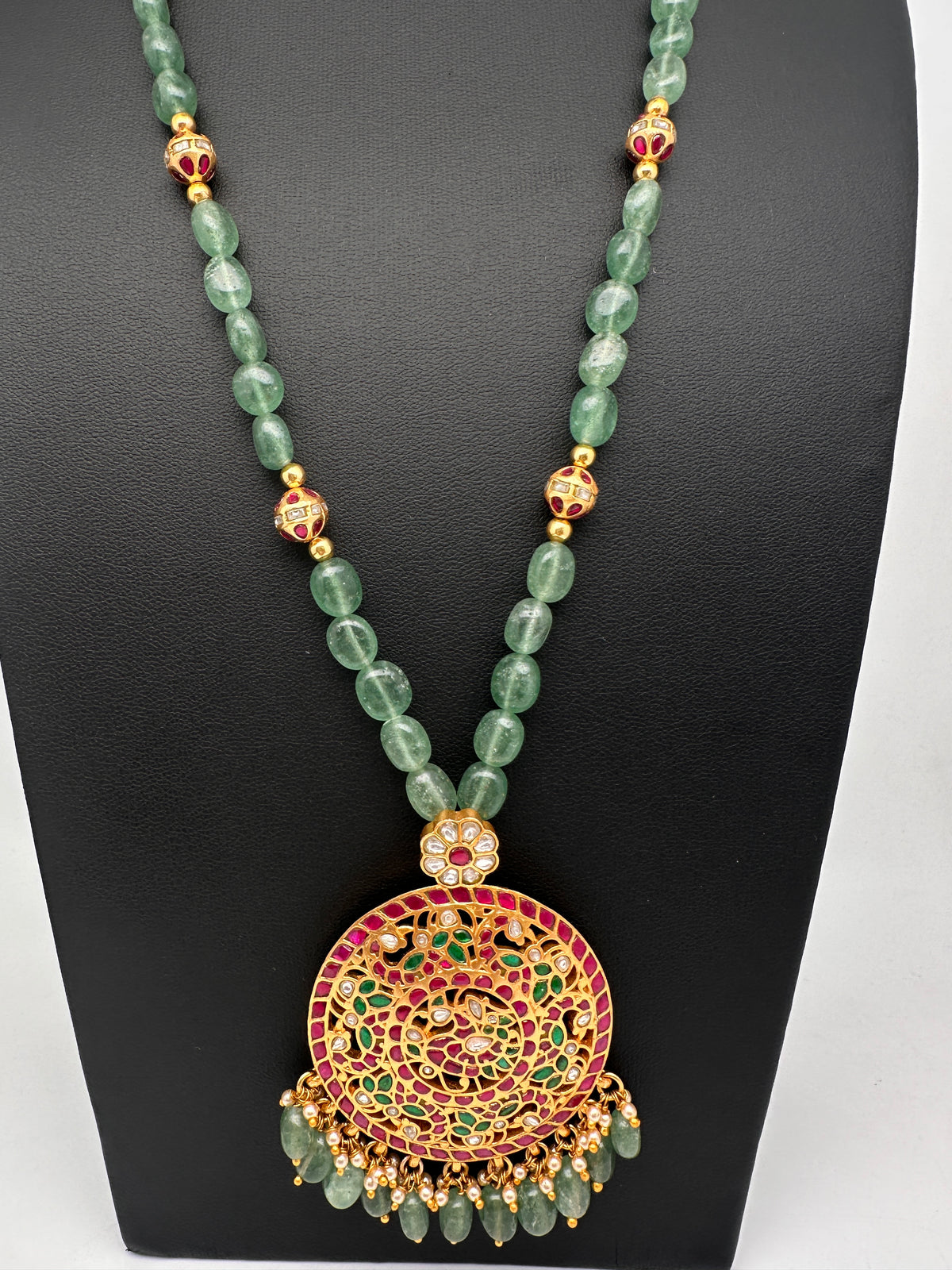 Jadau Kundan Detachable Pendant Emerald Beads Long Mala Necklace - JA000344