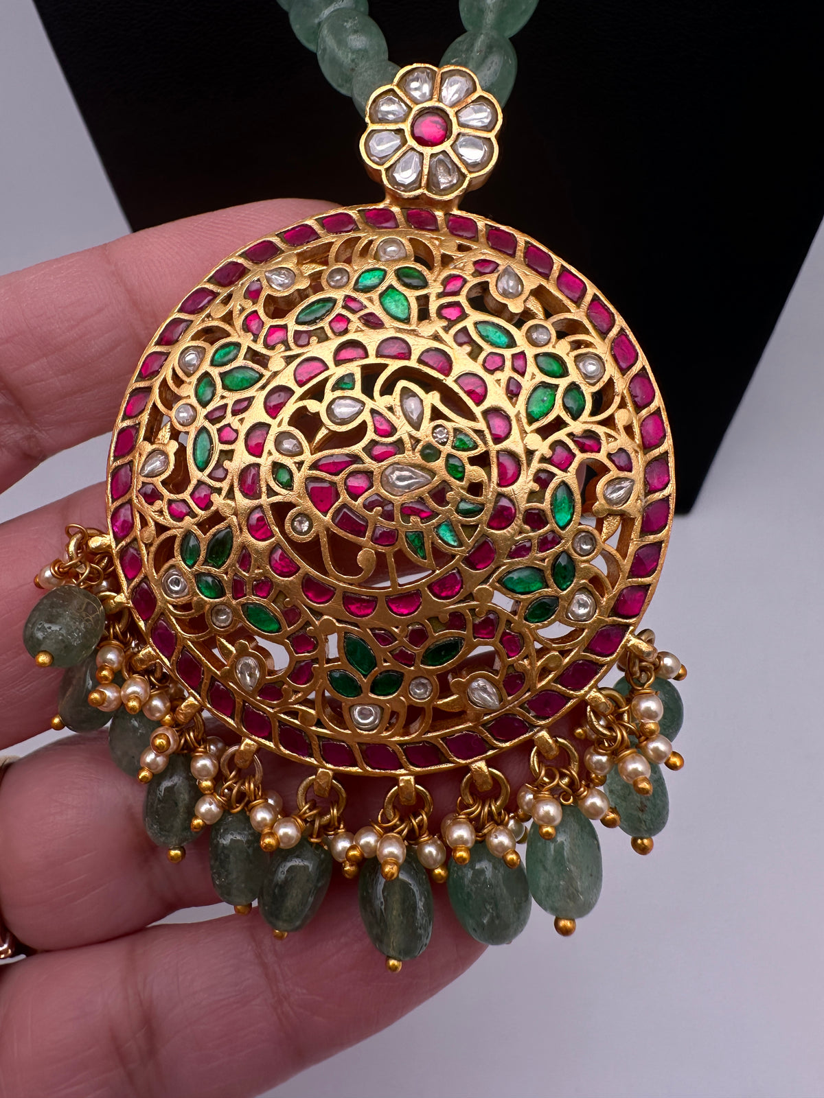Jadau Kundan Detachable Pendant Emerald Beads Long Mala Necklace - JA000344
