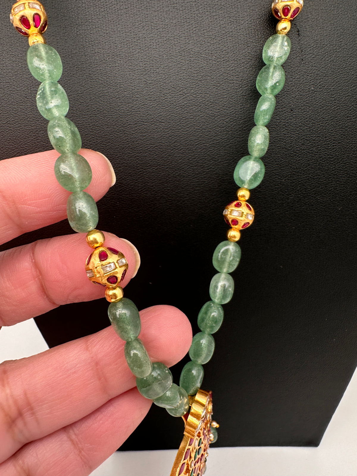 Jadau Kundan Detachable Pendant Emerald Beads Long Mala Necklace - JA000344