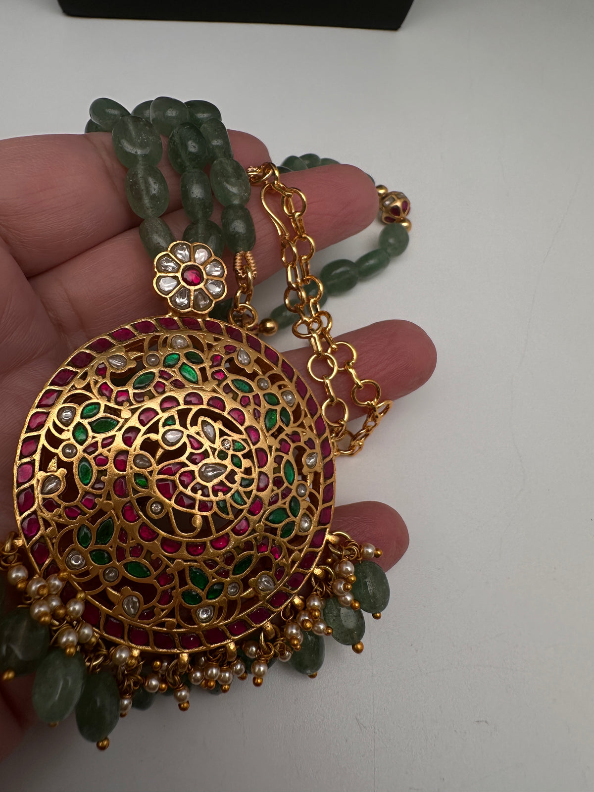 Jadau Kundan Detachable Pendant Emerald Beads Long Mala Necklace - JA000344