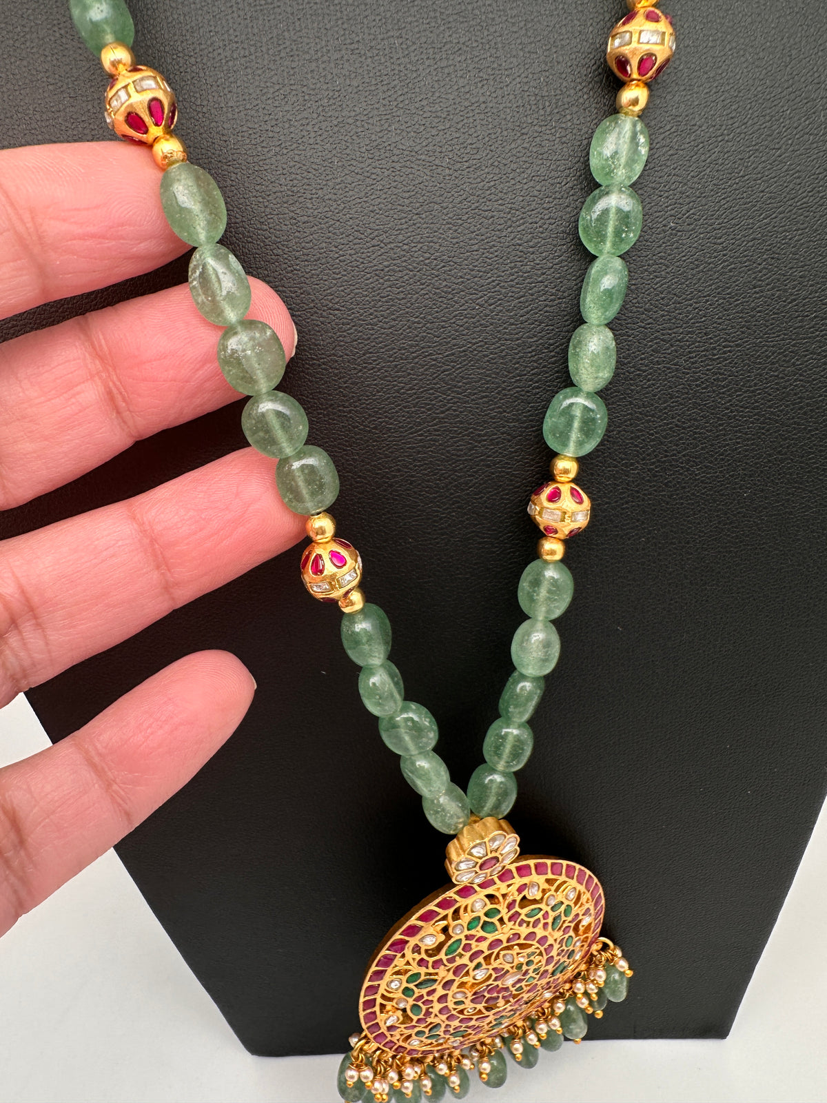 Jadau Kundan Detachable Pendant Emerald Beads Long Mala Necklace - JA000344
