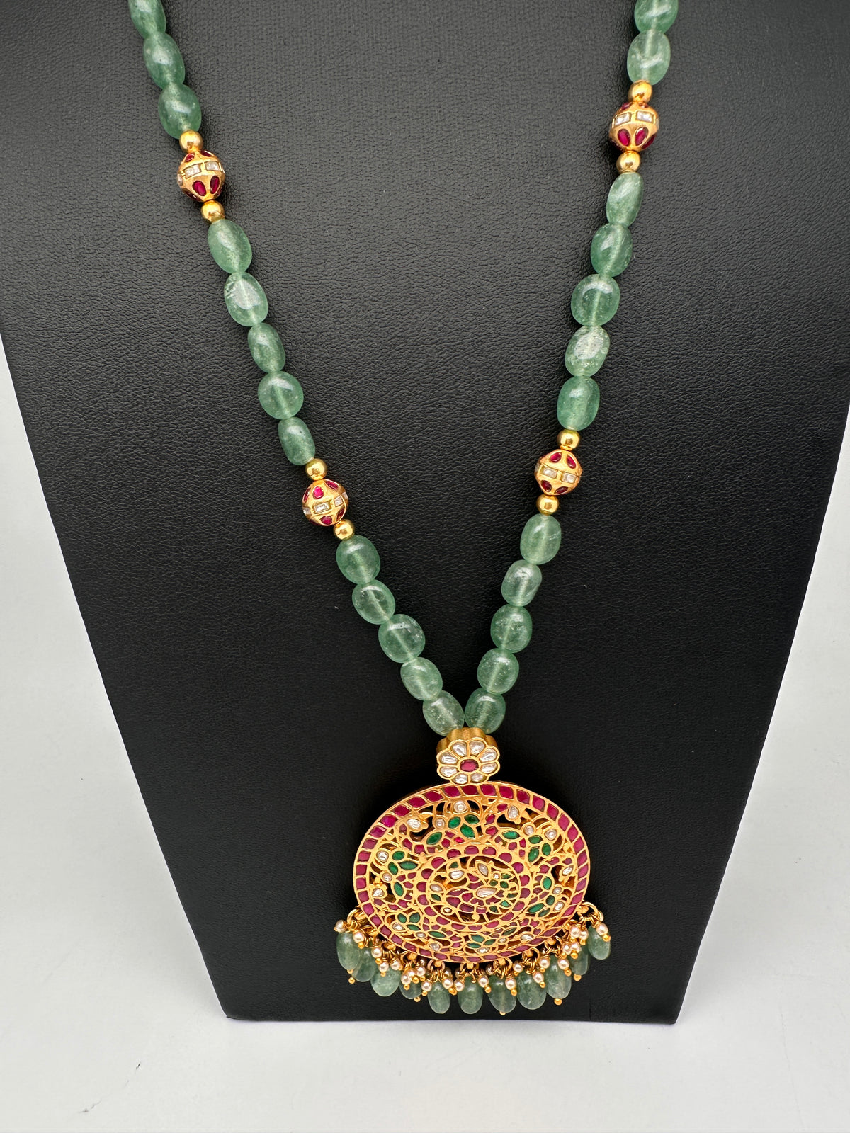 Jadau Kundan Detachable Pendant Emerald Beads Long Mala Necklace - JA000344